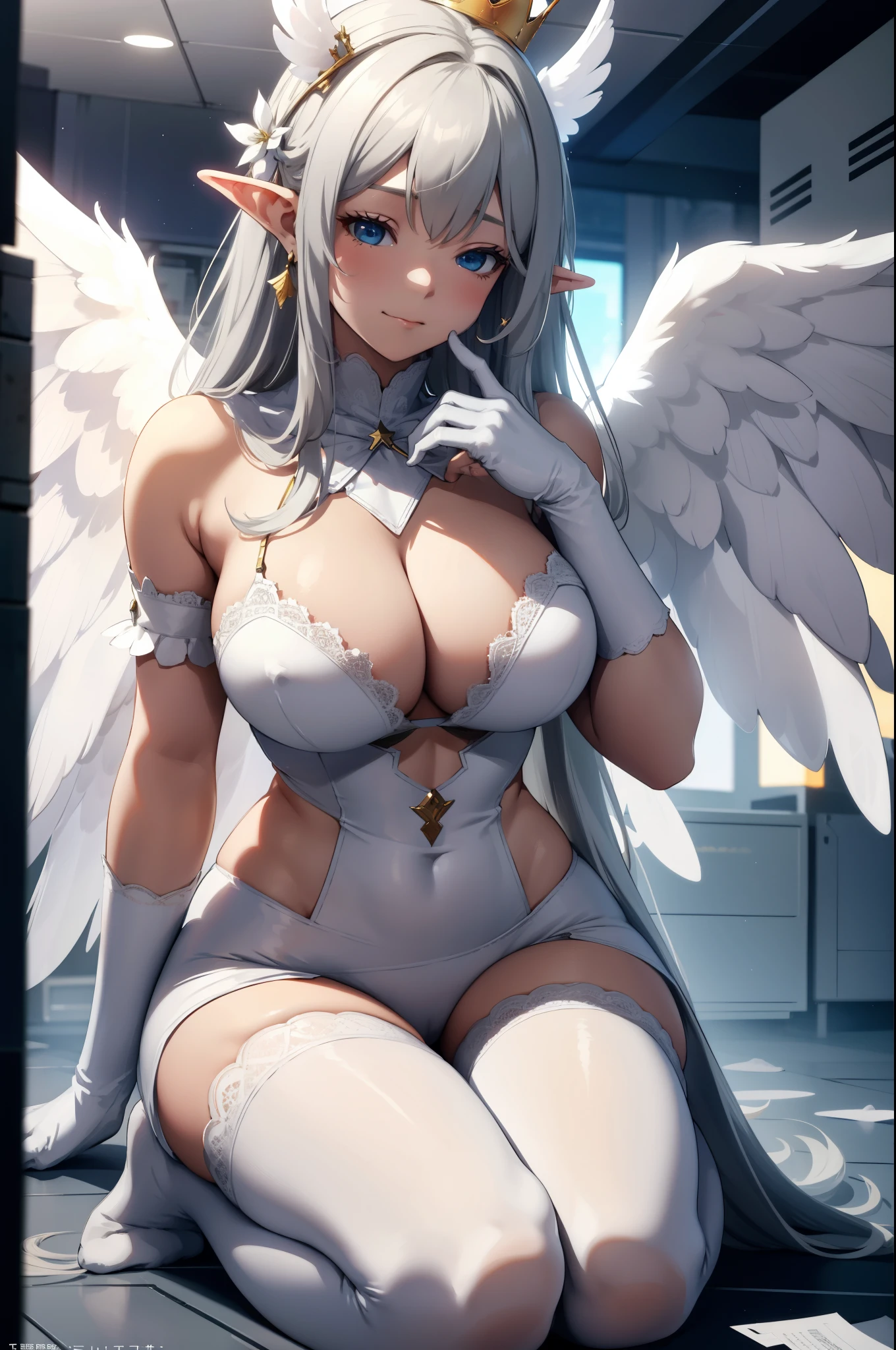 giant girl 50,000 feet high,Weight 1000kg,Has a pair of long legs,Open your eyes wide,Has a pair of huge white angel wings,With huge devil horns on his head,crown on head,Elf wearing white earrings,She has long white hair that reaches her feet,loose hair,White wavy long curly hair,Bangs,Wearing a pair of white boots,White lace gloves,White lace pantyhose,Pantyhose with bow and star decorations,白色蕾丝whole body,sitting on a tall building,Beautiful appearance,Exquisite makeup,quality,8k,高quality,Perfect proportion, Cinema lighting,film grain,Fuji colors,8k,textured skin,Super details,high detail,high resolution,fake smile,blood stains,脚底有blood stains,whole body,Obese,elf princess,feather,flowers