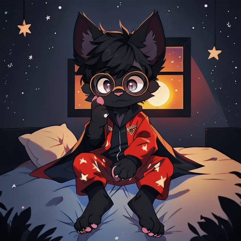 Character (fluffy black fur feline), fur, black, (completely black), (black fur), (black fur), (stars in his fur) (claws on each finger), (black crystal glasses and stars in his glasses with red frame), (dresses in black pajamas with stars) (huge dark cape in which you see space and many stars). (long ears), (starry and tousled black hair looking like galaxies), (sunset colored cape), (long tail and a big fur pompom). Inexpressive (Little boy), (Paws shaped like feet), (Sitting imposingly), (Child's body), (Shows his paws). bed, window, nigh, dark, darknes. stars. (black crystals), shadow, shadows, dark background, darkness, total darkness, (pawpads), cute, child, ???, (black pawpads), (stars on his eyes), penis, dick, (open pajamas), (open legs). (shows a paw), (dark wall), (big bed), (lying down), stretching
