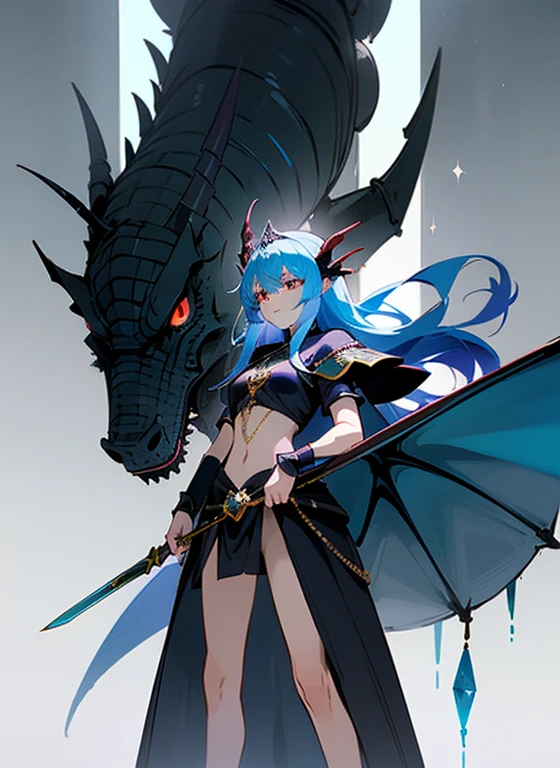 Create high definition 5K 2.5D CGI fantasy artwork featuring a girl dragon、The girl should be depicted in a frontal pose with a serious expression, Bright blue eyes, highly detailed facial features. she is wearing a cloak, Small black armor with high contrast shine, toned abdominal muscles、toned thighs、long legs、Protected by armor from the toes to the knees、her hair needs to be rendered in a very realistic way. In the background is a ruined castle, Set against a night sky filled with bright stars. Enhance fantasy elements、Fafnir has a huge body and has large symmetrical wings.。((The background of the princess is Fafnir dragon, castle and starry sky.))、(((The princess holds a strong, shining, transparent crystal sword in her hand.)、The princess is accompanied by the Fafnir dragon.))、
moreover, This artwork should embody the detailed anime art style, Similar to Artgerm&#39;s ArtStation and Pixiv works. A girl should be depicted as a dragon queen in an anime fantasy world, Combines elements of both anime and fantasy art, Big blue eyes、Fafnir protects the princess from behind.、looking at the enemy with a sharp gaze、((Fafnir, with its short black body, red eyes, and thick tail, is clearly visible in the background.))、