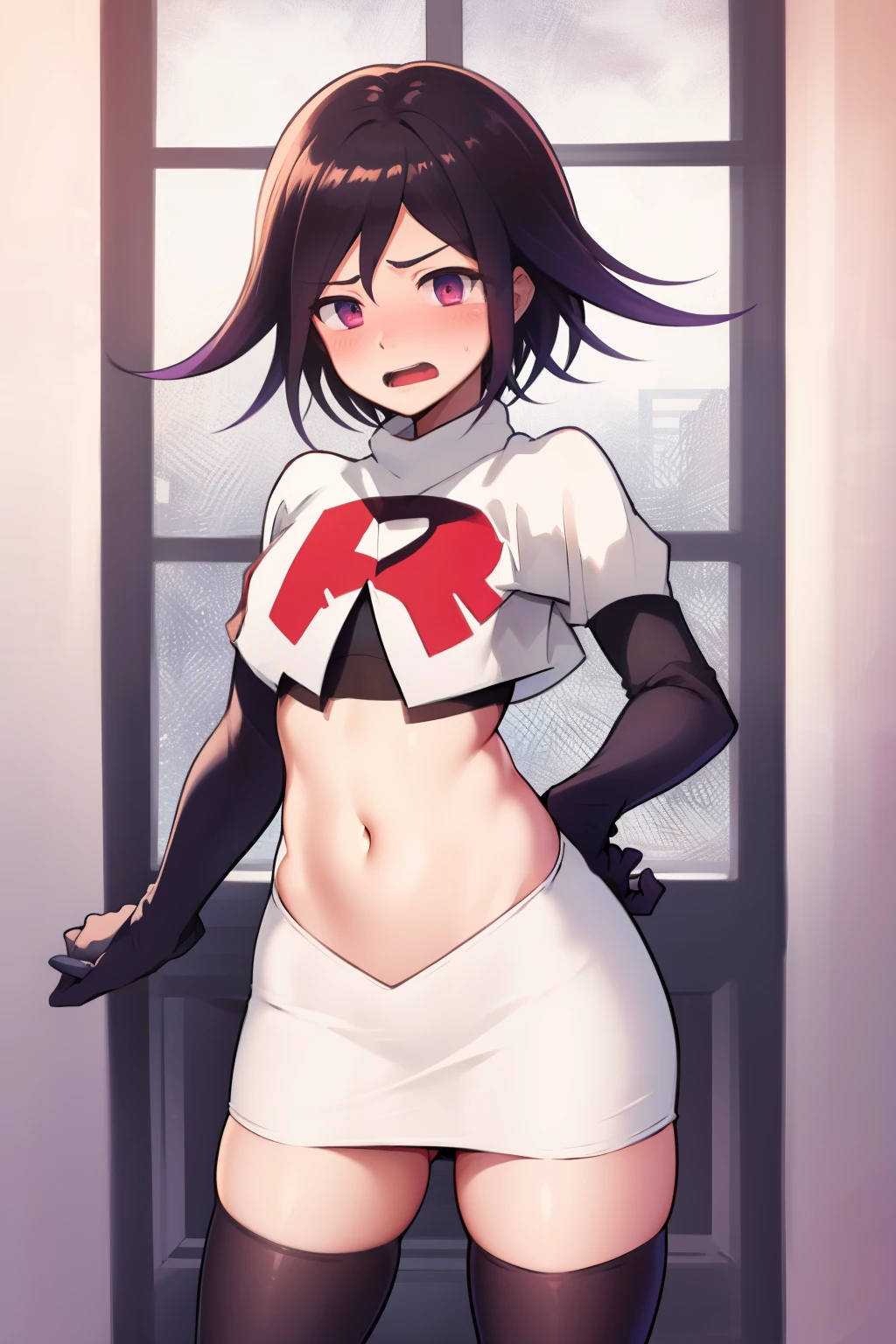 absurdres, cowboy shot, solo, male focus, trap, 1boy, crossdressing,1boy, oma kokichi, team rocket,team rocket uniform,white skirt,red letter R,crop top,black thigh-highs,black elbow gloves, embarrassed, blush