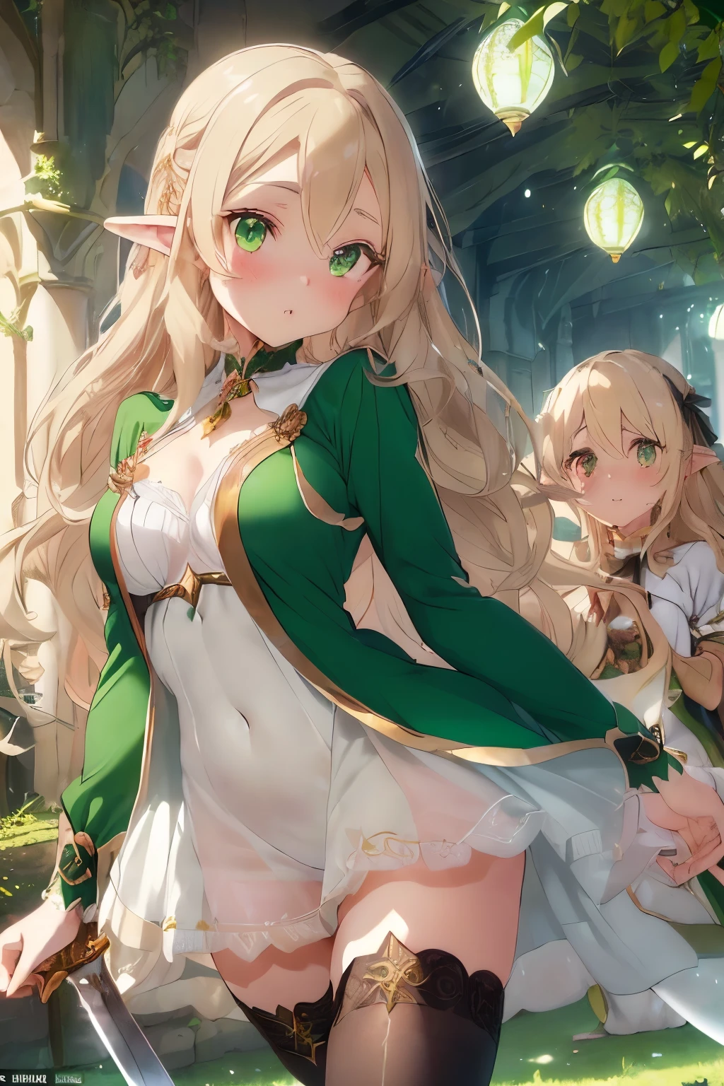 (Long-eared elves:1.3),(blonde:1.25),(long wavy hair:1.3),(green eyes:1.25),(eye size:1.6),(Clear, emerald-like eyes:1.2),(No bangs:1.3),(Cream-colored innerwear that shows the skin:1.3),(Innerwear that clearly shows your body line:1.3),(Green dress that changes at the chest:1.4),(black stockings:1.35),(A red gem like a pebble on the forehead:1.35),(A luxuriously decorated long sword:1.45),(Fantasy world:1.35),(Luxurious and beautiful body form:1.4),(Active and fantastic movement:1.5),(blush:1.2),(swordsman:1.5),(high quality:1.7),