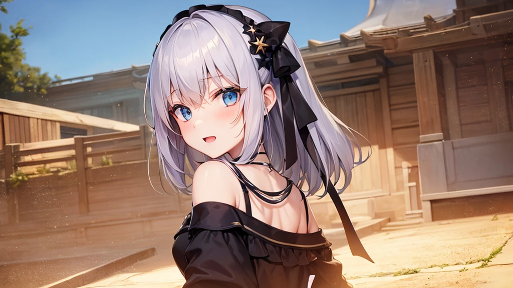 super high quality, with a girl, 20-year-old, very short hair, long bangs between the eyes, pale blue eyes , very detailed,(masterpiece、highest quality)、alone、gray hair、laughter、fantasy, silver hair, black eye, beautiful eyes,, ???????, charm, be smitten with audience, fantasyな風景、Drink alcohol