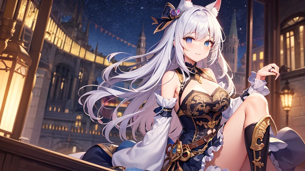 super high quality, with a girl, 20-year-old, very short hair, long bangs between the eyes, pale blue eyes , very detailed,(masterpiece、highest quality)、alone、gray hair、laughter、fantasy, silver hair, black eye, beautiful eyes,, ecstasy, charm, be smitten with audience, fantasyな風景、Drink alcohol