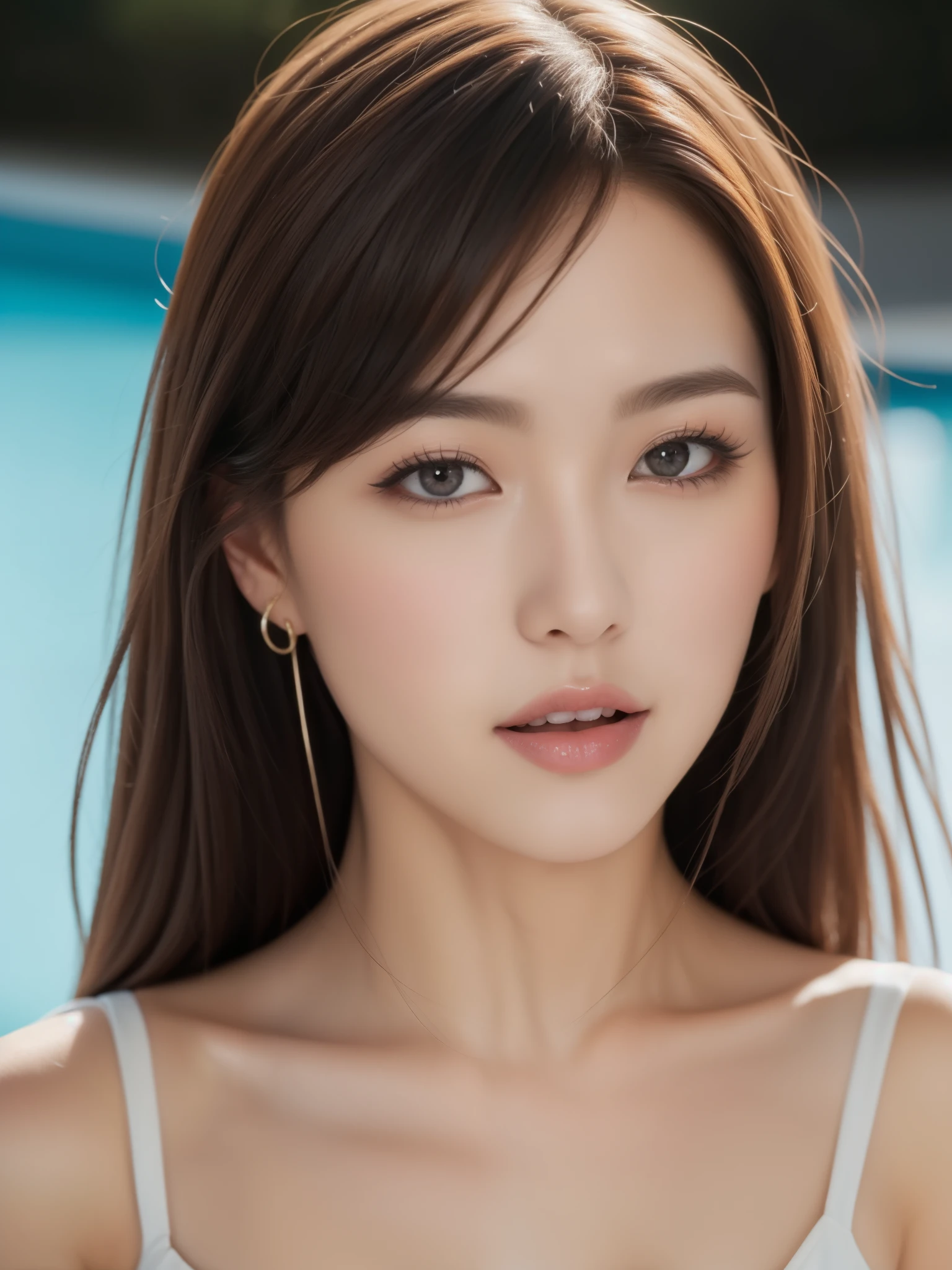 (best quality,4K,master piece:1.3),big breasts, Nipple exposure,cheerful woman,surreal,1men and women, sit on top,pool party,fine eyes,double eyelid,Sensual dress with low collar,saggy breasts,super detailed face,detailed lips,detailed ears