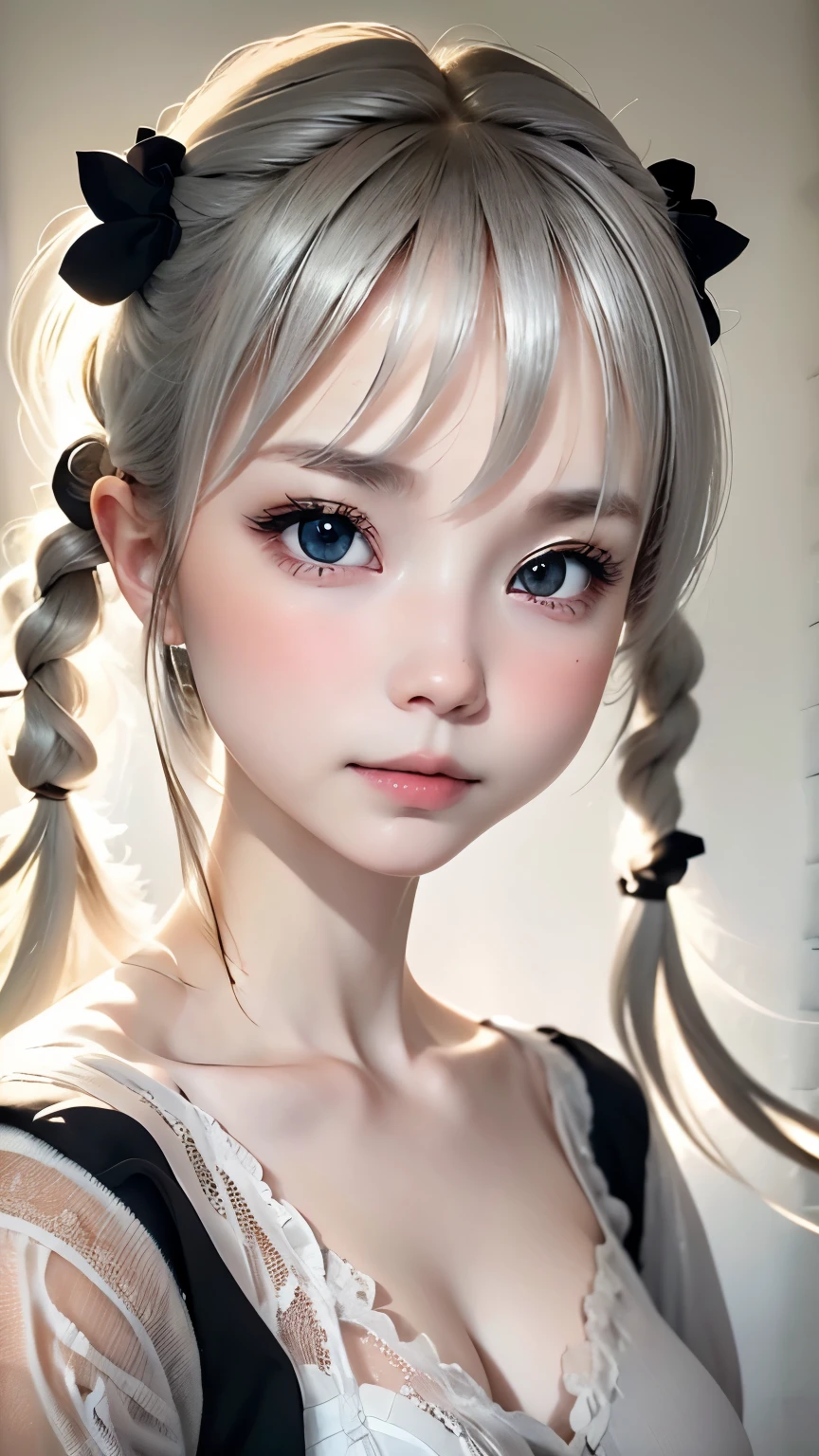 portrait、masterpiece:1.3、one girl、Upper body、Upper body、baby face、natural look、very cute、charming eyes、small breasts、platinum blonde hair、shortcut、短いtwin tails:1.3、twin tails、plump lips、no makeup、luxury shirt with lace、black shirt、RAW photo、最high quality、High resolution、Super detailed、high quality、Detailed details、８ｋ、(((blurred background、gray walls、gray background、White world、studio:1.5、cinematic lighting、professional photographer)))