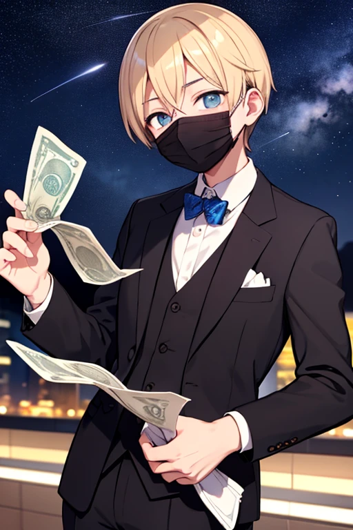 stylish,Wearing a mask,refreshing,hosomi,youth,male,starry sky,Wearing a suit,heart in the eyes,sideways glance,Banknotes in hand