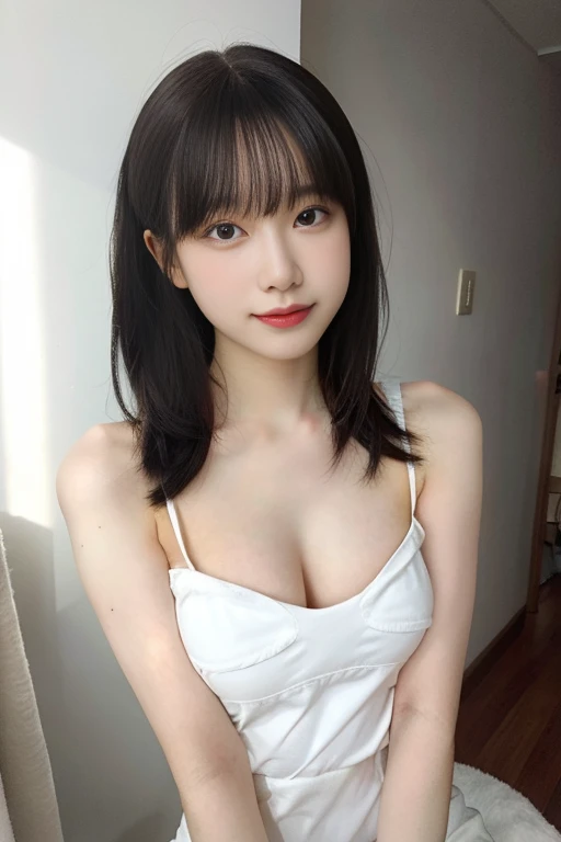 (16K、Raw photo、highest quality、masterpiece)、(realistic、Photoreal)、super detailed、Super high resolution、1、see the beholder、beautiful and detailed face、smile、narrow、(slim waist) Beautiful and smooth skin、skin texture、floating hair、professional lighting、small breasts、　small breasts　Depiction of areola and nipple、Stripes and pubic area depiction、tits　press your chest together　full nude　selfie　self shot　Looks like Nogizaka46　idol face　idol pose
