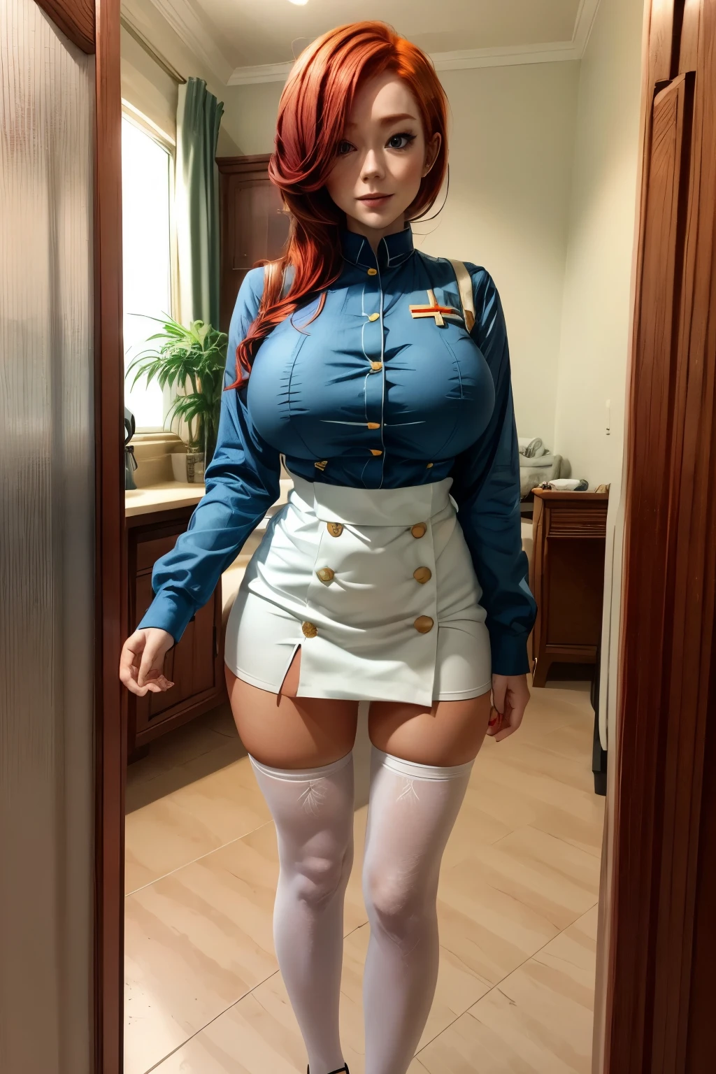 chris, 25 years old, (Redhead shortcuts:1.5), light blue nurse's uniform, white pantyhose, having clipboard tall, beautiful woman, giga_busty