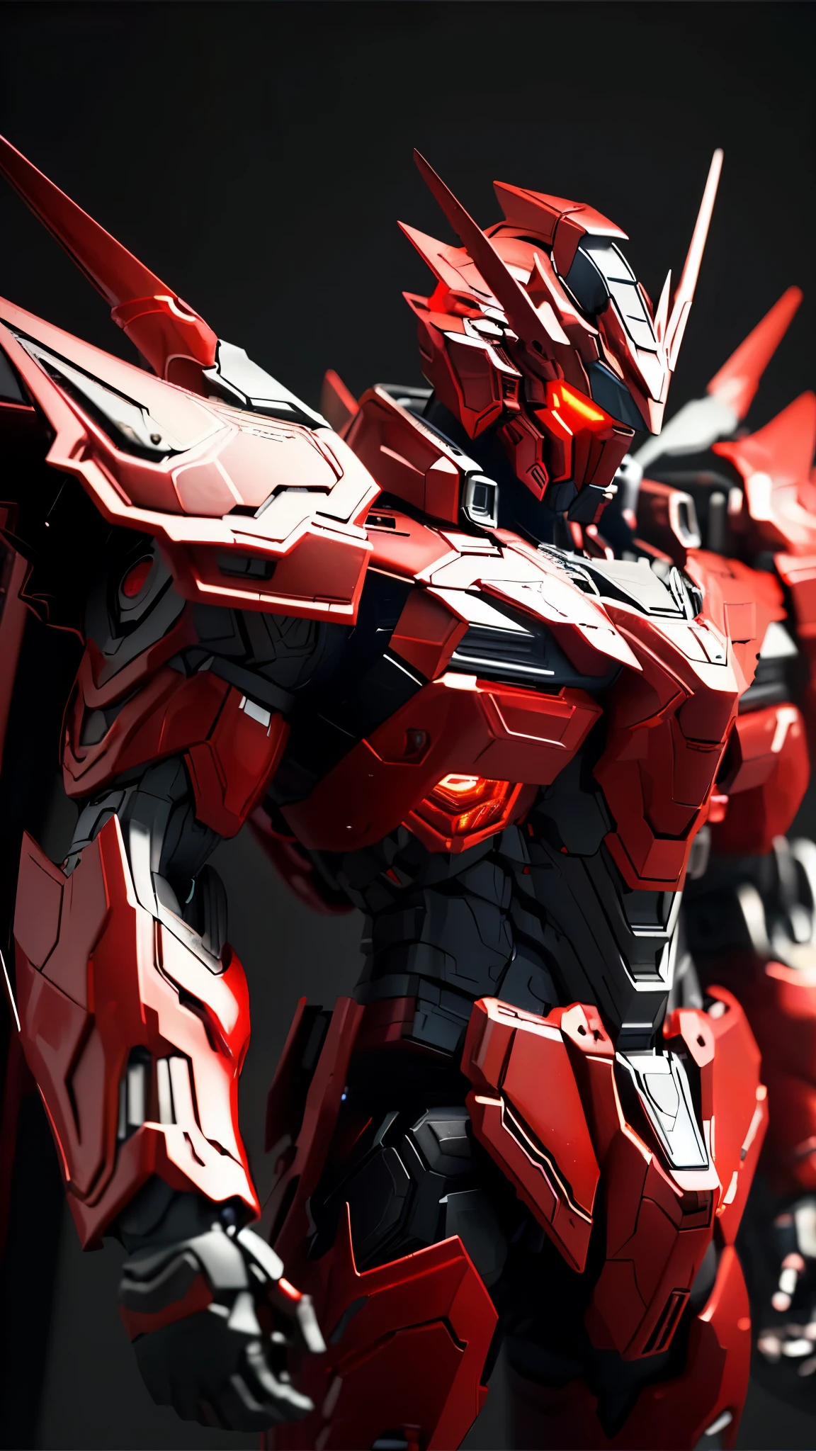 ((masterpiece)), (((best quality))), ((ultra-detailed)), ((illustration)), dynamic angle,,black,red,transparent background, cowboy shot, ((solo)), mecha, looking at viewer,standing, weapon,v-fin,(from side), mechanical head, Cannon,glowing, spikes, ((from above:1.2)),realistic