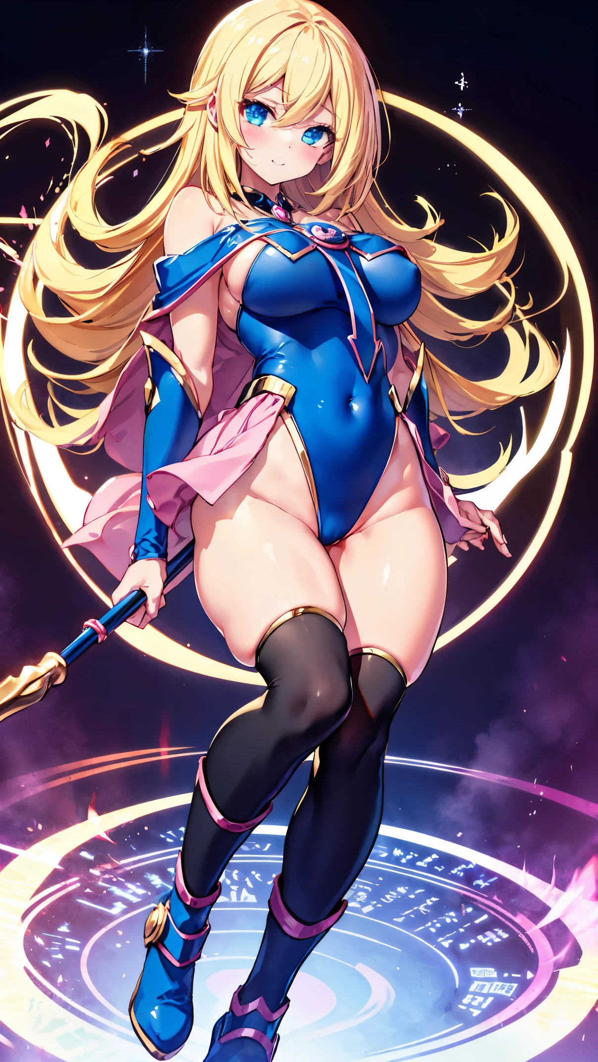 Black Magician Girl、super breasts、thick thighs、blonde hair、magic circle、8K, 4k, highest quality, High resolution: 1.2),winking、One breast exposed、cute anime face、Pink blush on cheeks、noise removal、Leotard that bites into、have a cane、Hold your cane、Rear view、Turning around、full body portrait、T-back that digs into your butt