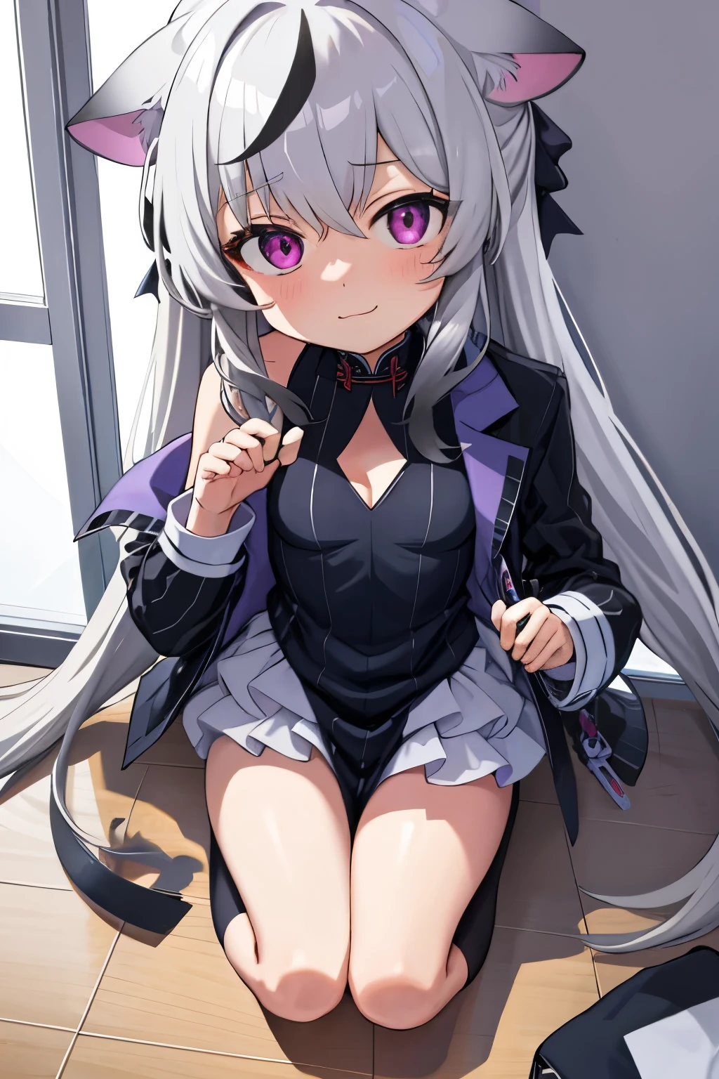 tmasterpiece， best qualtiy， ultra - detailed， 1girll，Gray hair Kokona， inside in room， Purple eye， ：3，the face  closeup cleavage,  Winter suit, winter wonder