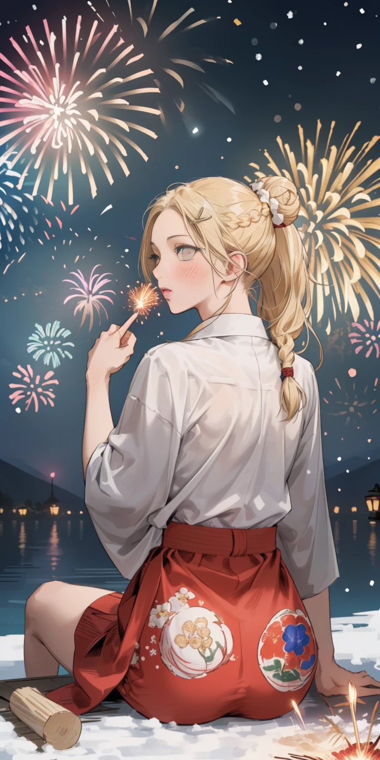 (((masterpiece))), (1girl:1.5), hyper detailed, highres, ((best quality)), (extremely delicate and beautiful), {8k cg wallpaper}, illustration, (blush), (braided ponytail | ponytail | hairbun), (extremely detailed background:1.6), (very long black hair|blonde hair), detailed face, night, festival, (kimono:0.7), outdoors, lantern, (fireworks:1.4), paper lantern, snow, wind, snowflakes, hair ornament, open eyes (blind really white eyes), (from behind:1.3), sitting, river, riverbank, starry sky, (holding hands:0.6), leaning on person, pointing, on heaven