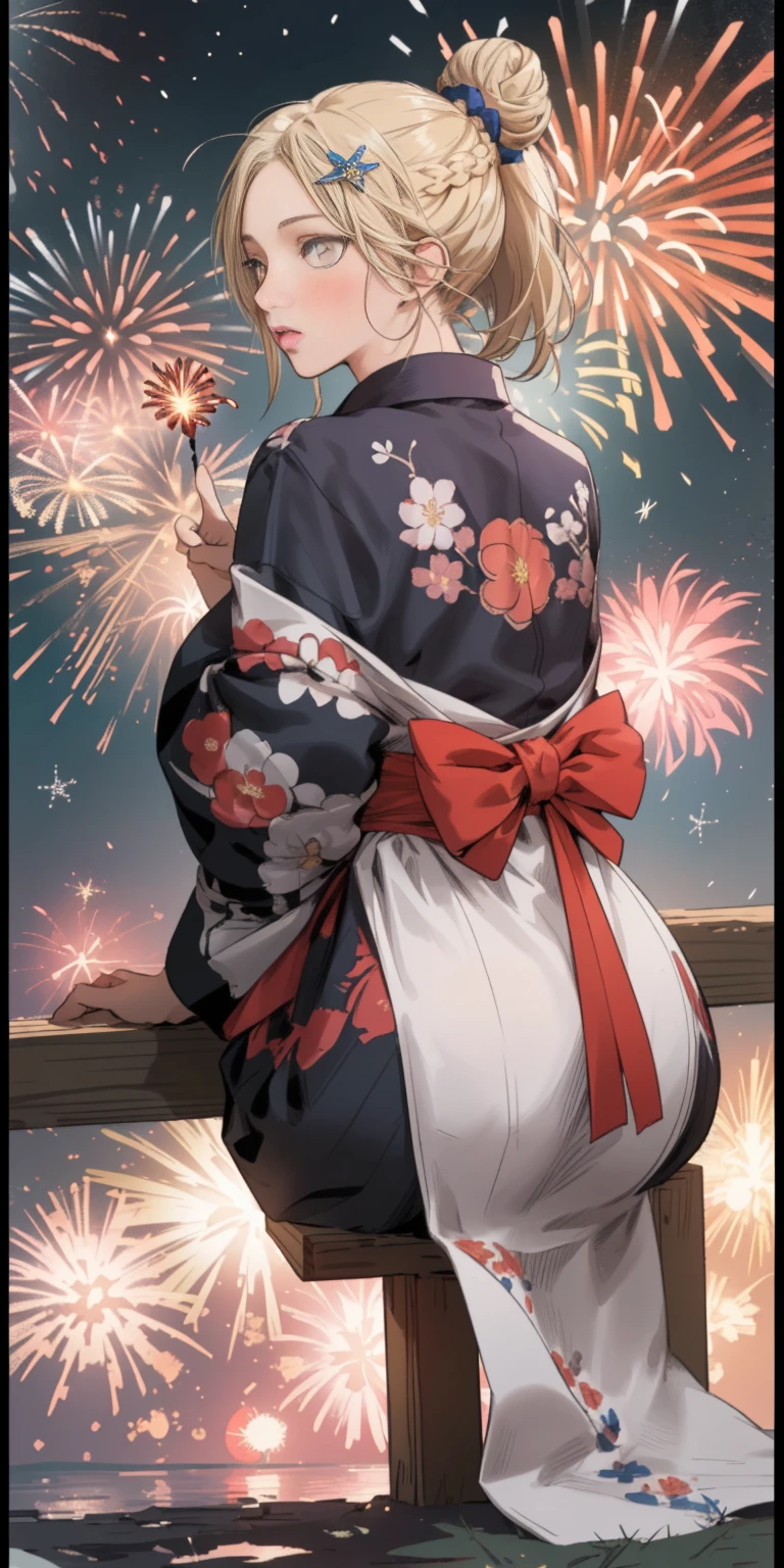 (((masterpiece))), (1girl:1.5), hyper detailed, highres, ((best quality)), (extremely delicate and beautiful), {8k cg wallpaper}, illustration, (blush), (braided ponytail | ponytail | hairbun), (extremely detailed background:1.6), (very long black hair|blonde hair), detailed face, night, festival, (kimono:0.7), outdoors, lantern, (fireworks:1.4), paper lantern, snow, wind, snowflakes, hair ornament, open eyes (blind really white eyes), (from behind:1.3), sitting, river, riverbank, starry sky, (holding hands:0.6), leaning on person, pointing, on heaven