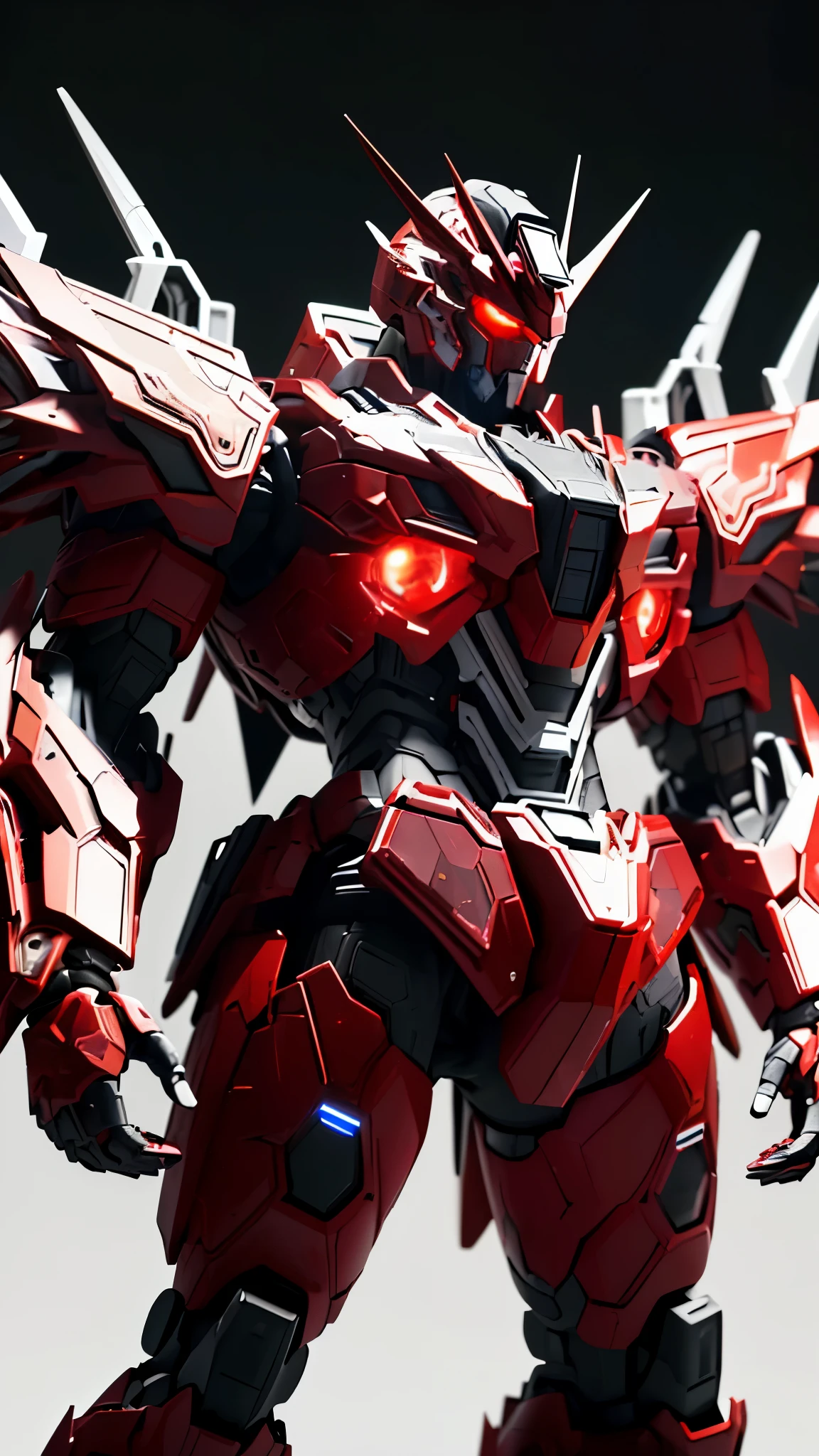 ((masterpiece)), (((best quality))), ((ultra-detailed)), ((illustration)), dynamic angle,,black,red,transparent background, cowboy shot, ((solo)), mecha, looking at viewer,standing, weapon,v-fin,(from side), mechanical head, Cannon,glowing, spikes, ((from above:1.2)),realistic
