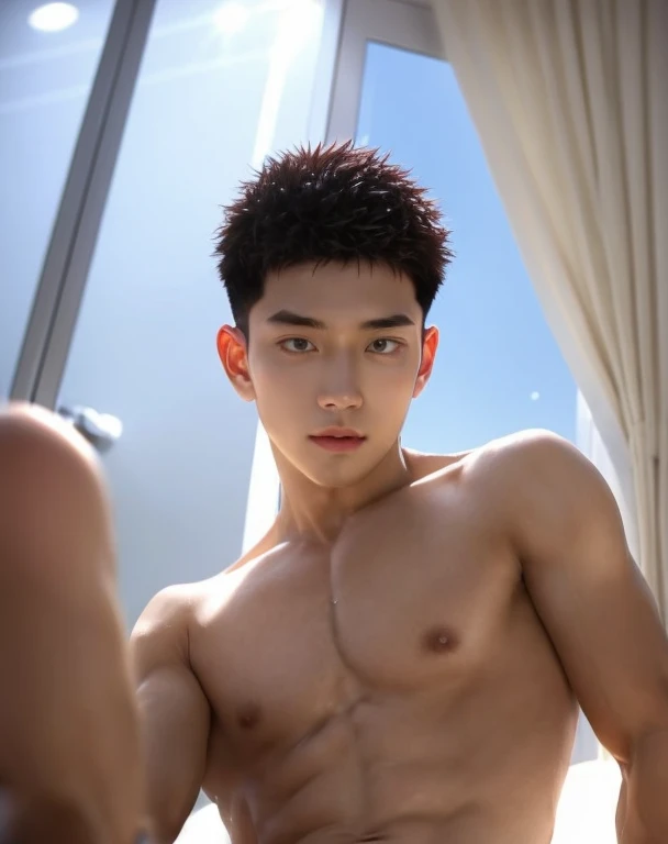 High quality, masterpiece, highly detailed, 8k, perfect face, perfect body, realistic, photogenic, man, Asian, young, black hair, comma hair cut style, handsome, detailed eyes, beautiful detailed nose, realistic body, realistic light, comfortable expressions, cute guy, sweat guy, cool guy