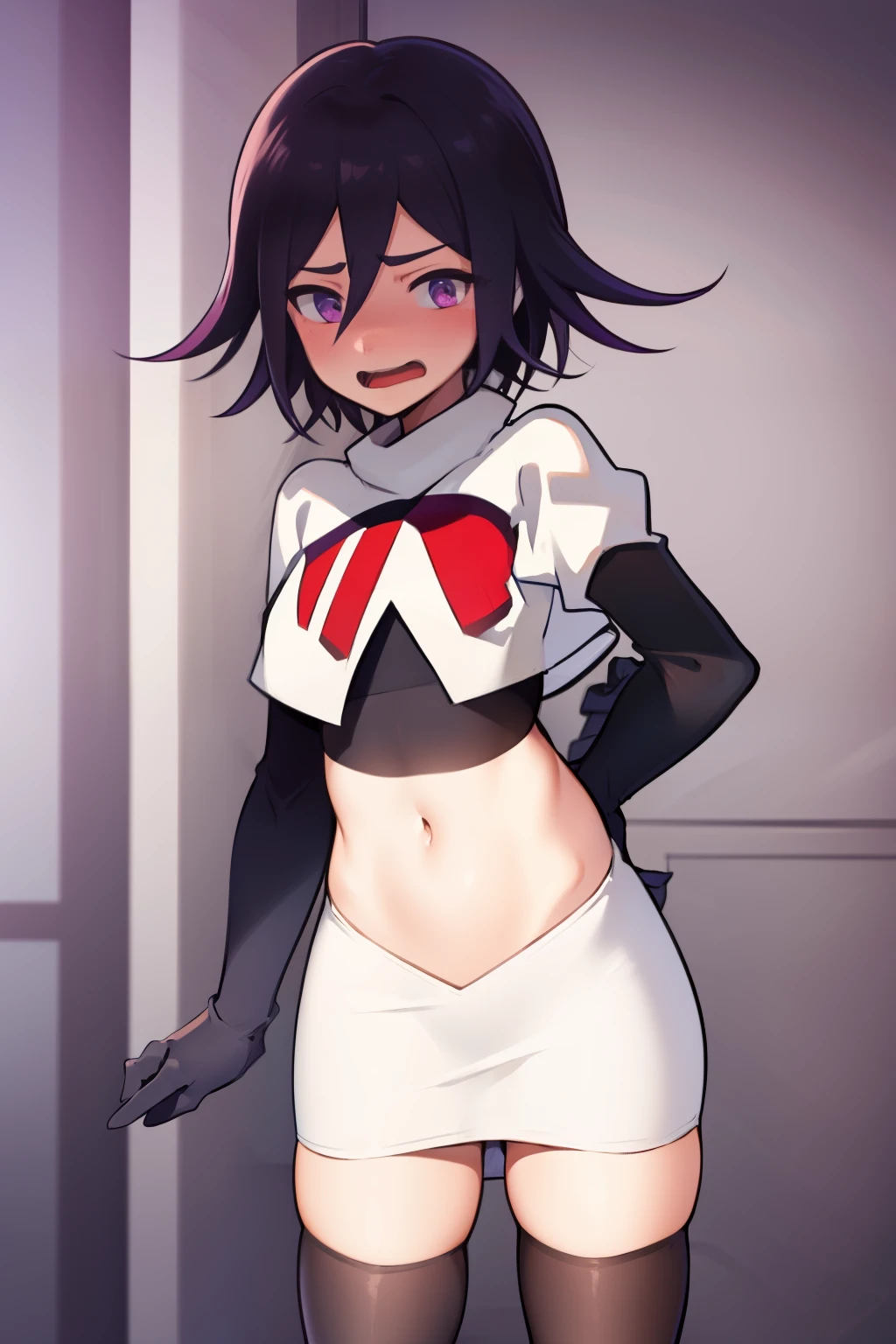 absurdres, cowboy shot, solo, male focus, trap, 1boy, crossdressing,1boy, oma kokichi, team rocket,team rocket uniform,white skirt,red letter R,crop top,black thigh-highs,black elbow gloves, embarrassed, blush