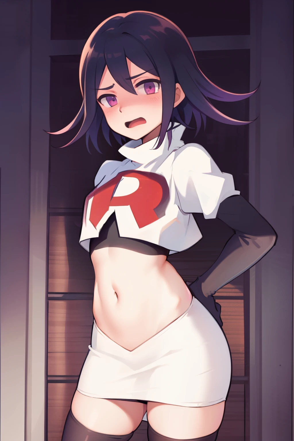 absurdres, cowboy shot, solo, male focus, trap, 1boy, crossdressing,1boy, oma kokichi, team rocket,team rocket uniform,white skirt,red letter R,crop top,black thigh-highs,black elbow gloves, embarrassed, blush