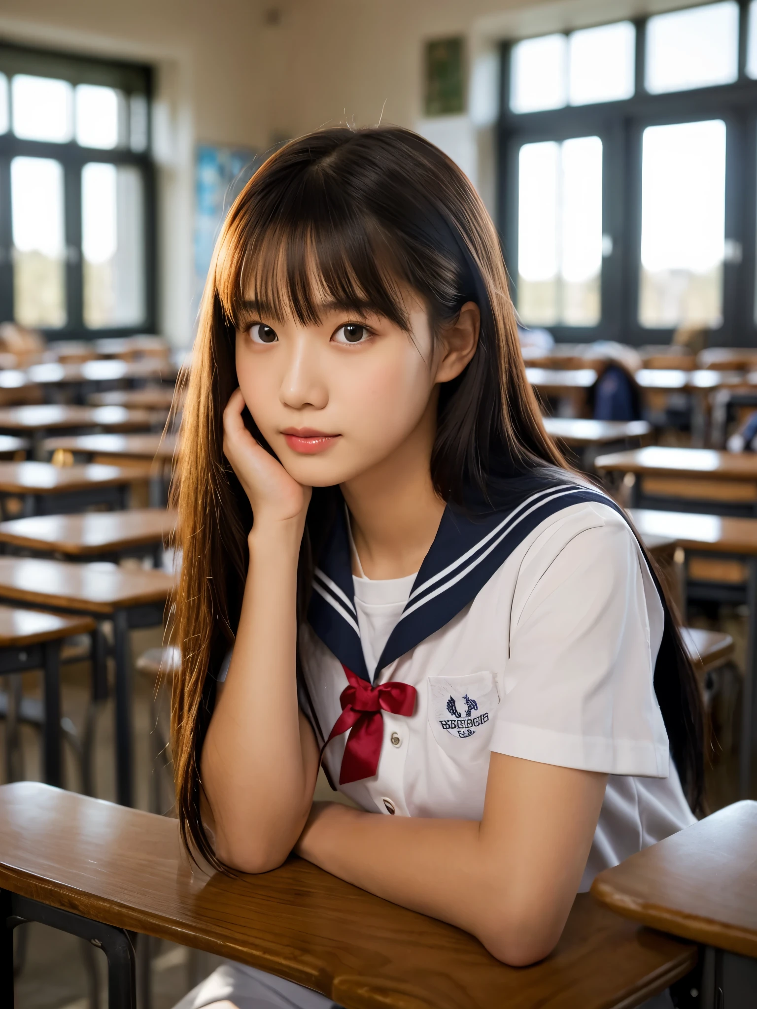 An 18-year-old young woman with long brown ponytail hair wearing a sailor suit is sitting in the classroom (school 1.5 in the background) (serious expression, cold 1.5) (highest quality: 1.1) (masterpiece: 1.3) with an unparalleled masterpiece, surreal 8k, perfect artwork, Super detailed, highest quality, masterpiece 4K wallpaper aesthetics, masterpiece, award-winning artwork, official art, cinematic lighting