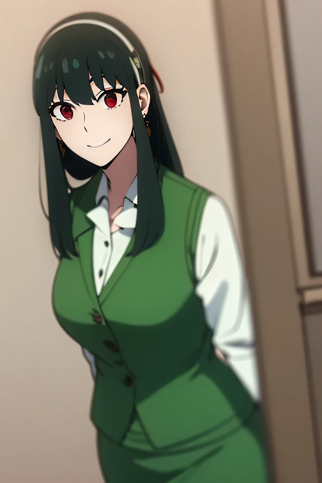 yor briar, black hair, red eyes, earrings, white hairband, hairband, long hair, sidelocks, masterpiece, best quality, simple background, detailed face, neutral expression, medium shot, skirt, shirt, long sleeves, white shirt, earrings, collared shirt, vest, green skirt, pencil skirt, office lady, (green vest:1.5), 1 guil, solo, body focus, detailed,smile