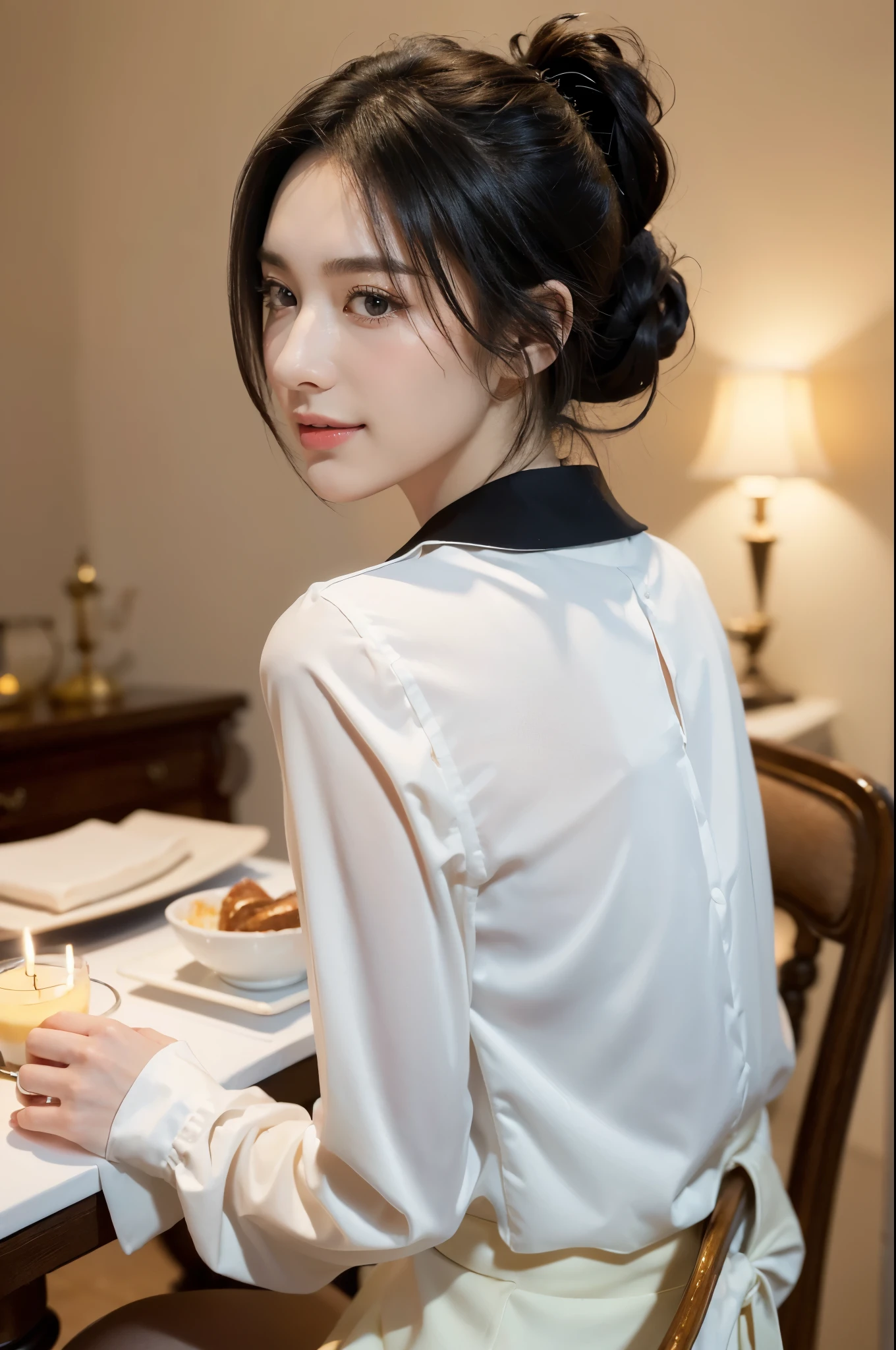 ((((8k))),((Extremely meticulous CG)) ,(wallpaper),16k,((Extremely refined and beautiful))，(((Masterpiece))),(((best qualtiy))),(((Ultra High Resolution))),beautiful light up,Perfect lightning,realistic shaded,[A high resolution],(Smooth and flawless fair skin:1.5),(pale skin:1.3),Extremely exquisite facial details,(perfect body:1.1),ultra-detailed,A beautiful girl,solo,small head,(short ponytail:1.1),(black hair:1.2),small face,Exquisite makeup,(small breasts:1.5),flat chests,slim,thin,happy,(Smile:1.2),(collared long sleeve White shirt:1.3),(underwear),(slender legs:1.2),(pantyhose:1.2),(night scene:1.5),indoor,(In a luxurious dessert shop:1.3),(detailed background:1.5),(Sitting on a chair next to the dining table:1.3),(coffee and cake on the dining table),(selfie:1.3),(upper body:1.2),(from back:1.2)