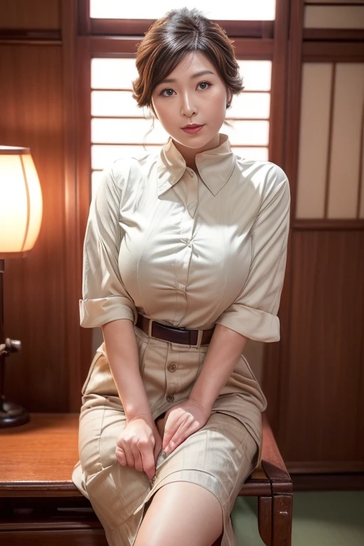 (front focus)、Japanese style room、tatami、Chabudai《1950s Japanese retro house》,lazy smile、(light brown《Showa Retro、hairstyle》perfection、《1950s retro》、《1950s retroな懐かしいミセスファッション、The length of the skirt is up to the knee、1950s nostalgic shirt、1975s、skirt below the knee》retro delicate,Beautiful mature female balance by David Hockney and Alphonse Mucha,protruding pussy 、(((japanese woman, 40 years old)))、(((sexy milf)))、Queen、(sexy married woman)、( naked pussy)、(japan kitchen)、fantasy art,realistic pictures,dynamic lighting,art station,poster,curve model, , perfectionなボディ, (big breasts), goddess, beautiful body, Memorial, The size of the chest is overwhelmingly large, Memorialとしてよく知られている、volume lighting,highly detailed face,small face balance Correction to make small face slightly thinner, perfection修正,delicate correction,((huge boobs),sexy thigh pose your legs , bass, cowboy shot ,(official wear:1.4), eyes are confused and mesmerizing,took my legs off、(A nostalgic retro Mrs.).( button collar shirt) 《The length of the skirt is up to the knee、It's long》 Beautiful woman 《facial balance correction delicate adjustment (Detailed corrections and beautiful ladies) perfectionな》beautiful woman Beauty the skirt is long、Long skirt,normal hand perfectionな指,Beautiful facial balance adjustment Precise adjustment