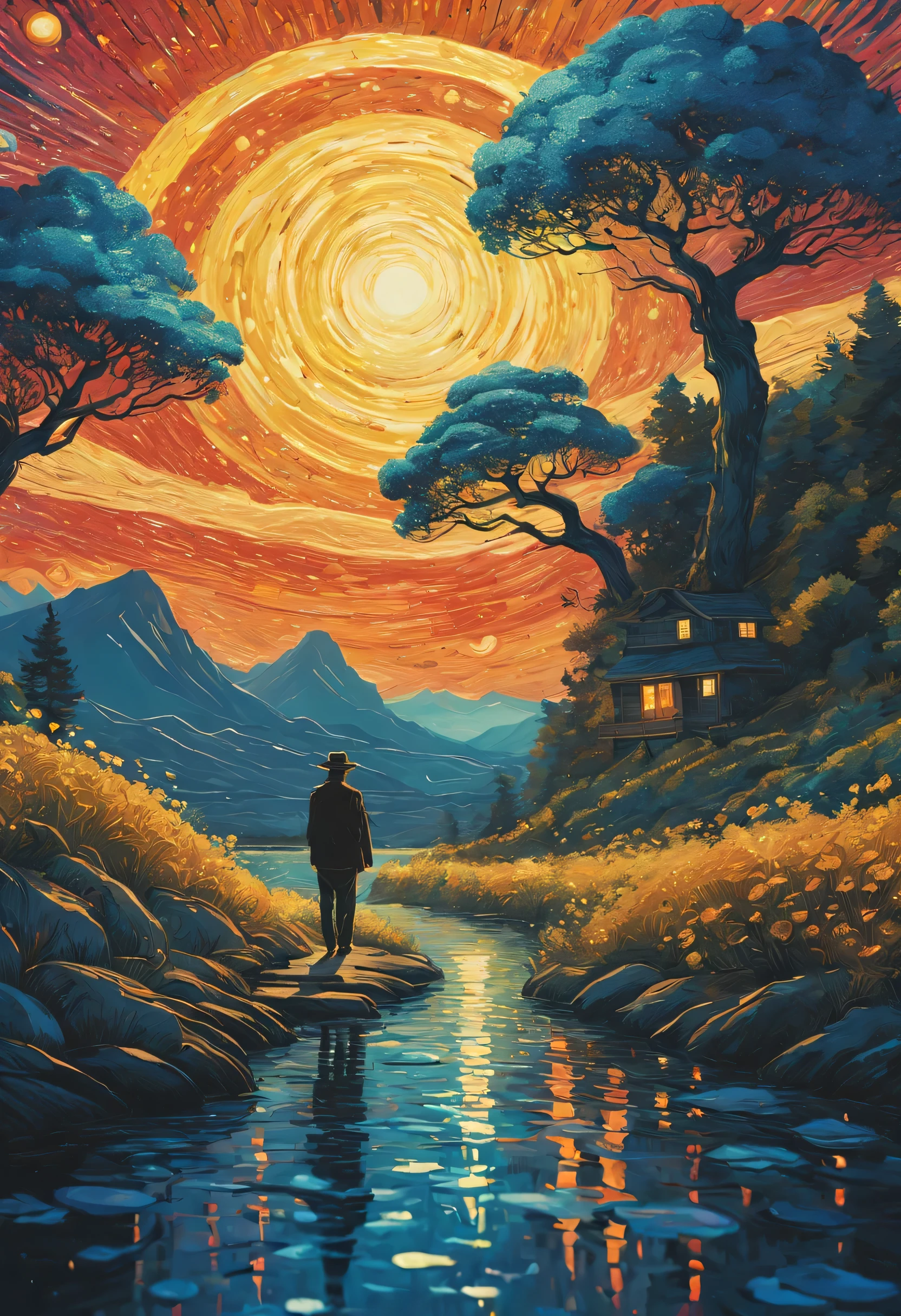 Artwork by James R.. Eds, Swirls and flowing lines define vivid landscapes and skies, from van gogh《starry night》draw inspiration from. Each work presents a vision or dream,With psychedelic colors and a sense of movement,implies a connection with the spiritual or metaphysical world. The style is heavily influenced by the natural world,and use bright contrasting colors to add depth and emotion. By Wu Kanton, acrycle painting, Popular topics on pixiv fanbox, Palette knife and brush strokes, Style by Makoto ShinkaiJamie WiseJames GirardEdward HopperGreg RutkowskiStudio GhibliGenshin Impact