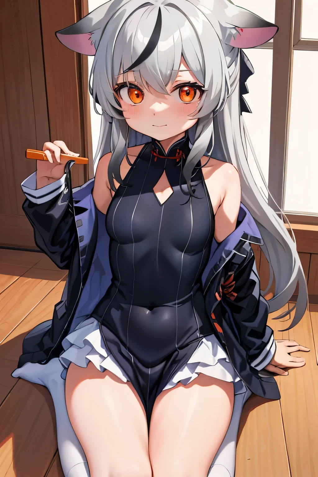 tmasterpiece， best qualtiy， ultra - detailed， 1girll，Gray hair Kokona， inside in room， Orange eye， ：3，the face,  closeup cleavage,  Winter suit, winter wonder