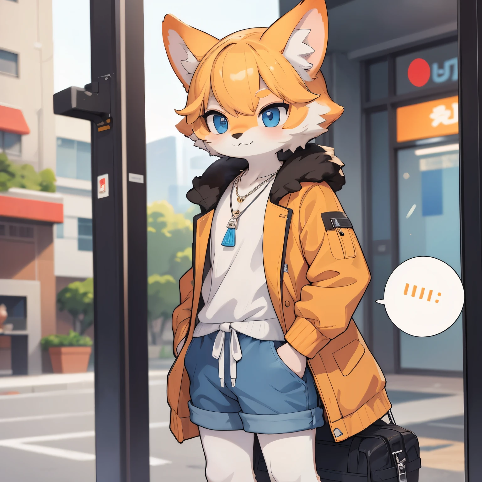 Orange,furry,male,one person,stand,Wear a coat,wearing shorts,front,wearing a necklace,Insert your hands into your pockets,Thin