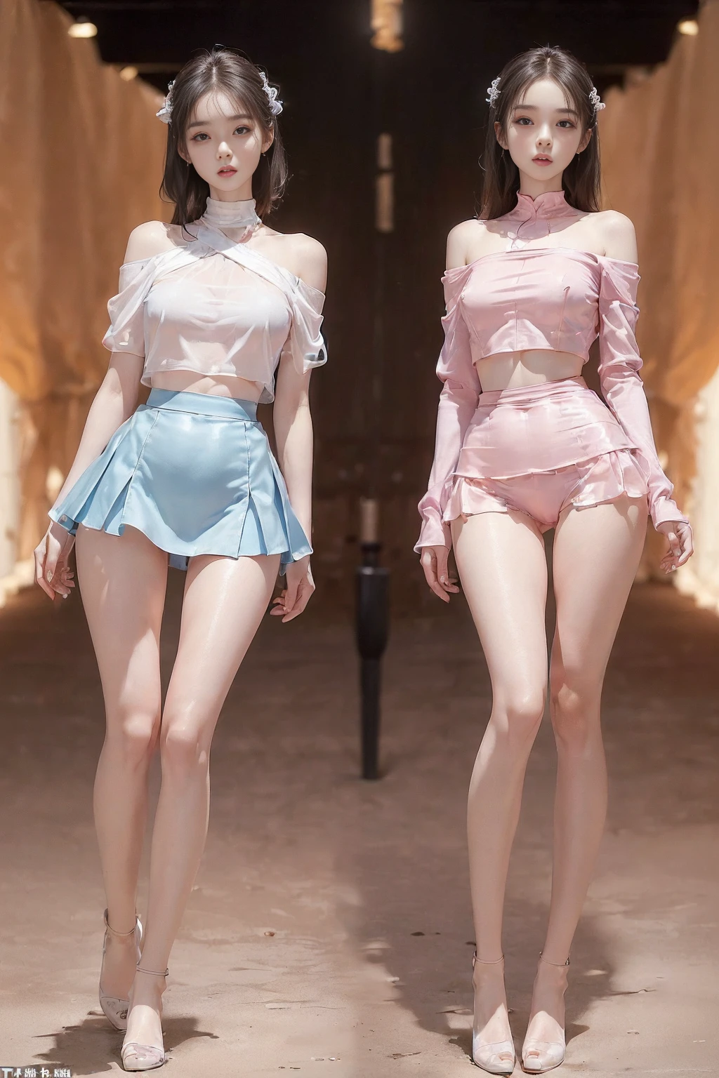 (masterpiece, best quality), pale skin, (baby face), Island beach background, (Purely off-the-shoulder, Short transparent top, high waist skirt, tight mini skirt:1.3), (Skinny Thighs:1.9, Yao Liu, lose weight, long legs, thin legs:1.9), blonde hair, (huge , lift your hips, straight legs), Show belly button, (Wide thigh clearance:1.6, wide gap between thighs:1.6), whole body forward, Nipple protrusion, pink breast bulge, Camel toe bump, (Facing Teenage Barbara Palvin)