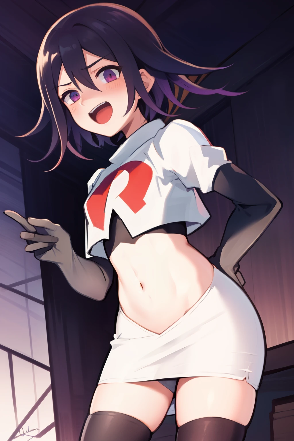 absurdres, cowboy shot, solo, male focus, trap, 1boy, crossdressing,1boy, oma kokichi, team rocket,team rocket uniform,white skirt,red letter R,crop top,black thigh-highs,black elbow gloves, evil laugh, blush