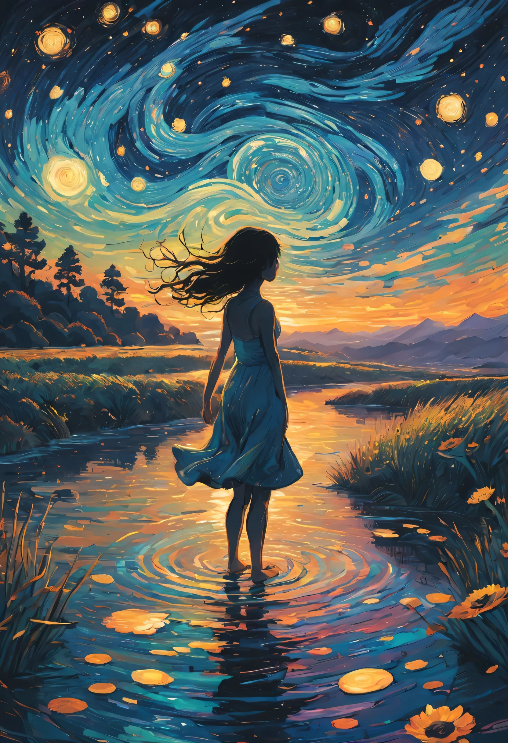 Artwork by James R.. Eds, Swirls and flowing lines define vivid landscapes and skies, from van gogh《starry night》draw inspiration from. Each work presents a vision or dream,With psychedelic colors and a sense of movement,implies a connection with the spiritual or metaphysical world. The style is heavily influenced by the natural world,and use bright contrasting colors to add depth and emotion. By Wu Kanton, acrycle painting, Popular topics on pixiv fanbox, Palette knife and brush strokes, Style by Makoto ShinkaiJamie WiseJames GirardEdward HopperGreg RutkowskiStudio GhibliGenshin Impact