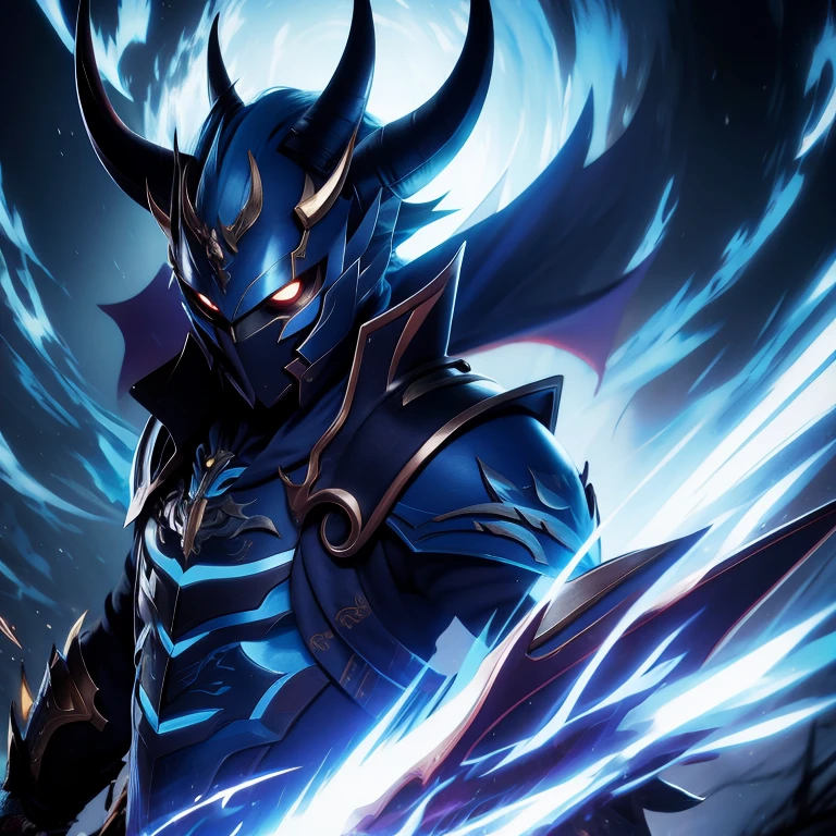 anime, um homem com chifres e uma roupa azul segurando uma espada, Samurai demon warrior, Samurai demon, epic fantasy digital art style, anime foda 8k, Dragon Knight, arte oficial, epic fantasy art style hd, demon hero, epic fantasy art style, demonic armor, Lich Demon Mage Classe, Epic Anime Art, papel de parede splash art arte promocional