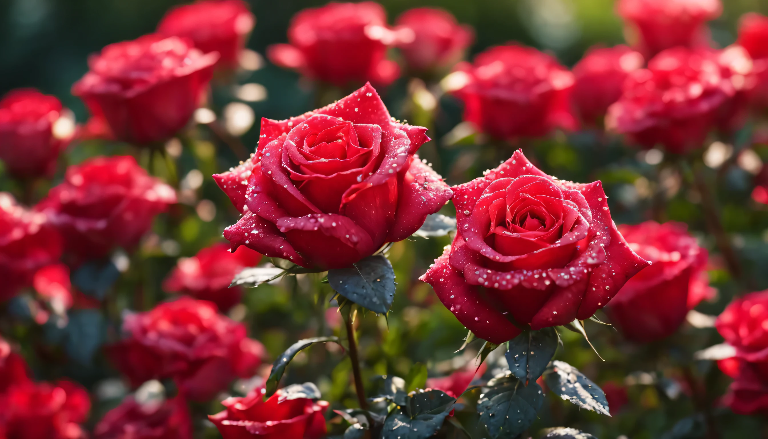 Many red color rose flowers in the garden and sunlight with bokeh, dew drops on flower petalasterpiece, ultra quality, high resolution, 8k, intricate: 1.2), (masterpiece), (best quality:1)