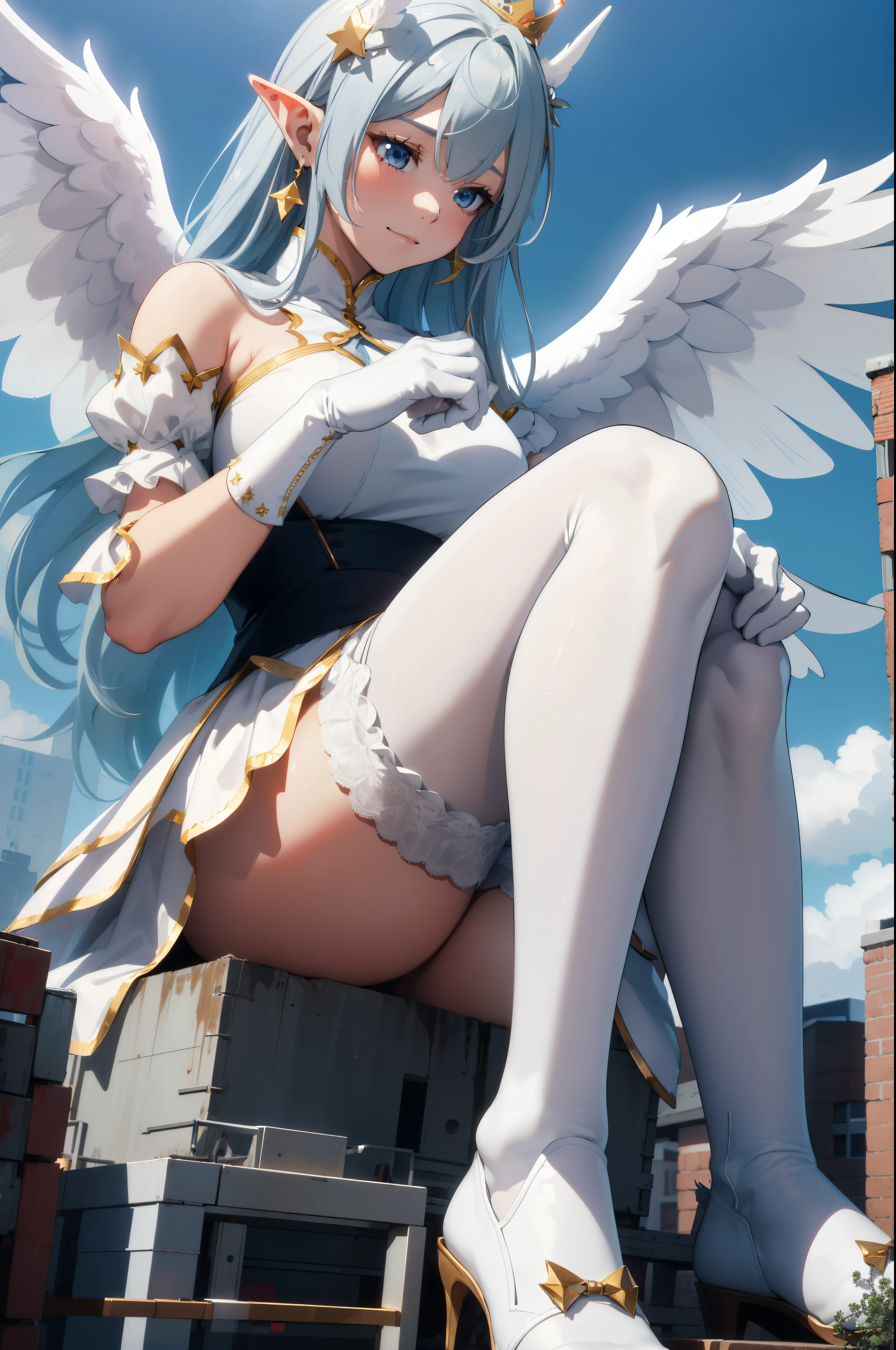 giant girl 50,000 feet high,Weight 1000kg,Have a pair of long legs,Keep your eyes open,Has a pair of huge white angel wings,With huge devil horns on his head,wear a crown on your head,Elf wearing white earrings,She has white hair that reaches her feet,loose hair,Long white wavy hair,Bangs,Wearing a pair of white boots on her feet,White lace gloves,White lace pantyhose,Bow and star embellished tights,白色蕾丝whole body,Sit on a tall building,Beautiful appearance,Exquisite makeup,quality,8k,高quality,Perfect proportion, Cinema lighting,film grain,Fuji colors,8k,textured skin,Super details,high detail,high resolution,fake smile,blood stains,脚底有blood stains,whole body,fat,elf princess,feather,flowers