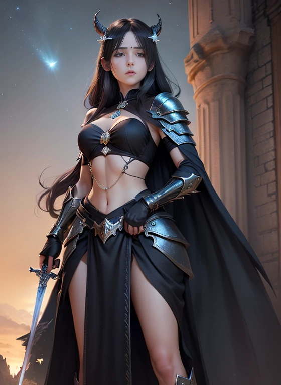 Create high definition 5K 2.5D CGI fantasy artwork featuring a girl dragon、The girl should be depicted in a frontal pose with a serious expression, Bright blue eyes, highly detailed facial features. she is wearing a cloak, Small black armor with high contrast shine, toned abdominal muscles、toned thighs、long legs、Protected by armor from the toes to the knees、her hair needs to be rendered in a very realistic way. In the background is a ruined castle, Set against a night sky filled with bright stars. Enhance fantasy elements、Fafnir has a huge body and has large symmetrical wings.。((The background of the princess is Fafnir dragon, castle and starry sky.))、(((The princess holds a long-bladed sword made of shining transparent crystal.)、The princess is accompanied by the Fafnir dragon.))、
moreover, This artwork should embody the detailed anime art style, Similar to Artgerm&#39;s ArtStation and Pixiv works. A girl should be depicted as a dragon queen in an anime fantasy world, Combines elements of both anime and fantasy art, Big blue eyes、Fafnir protects the princess from behind.、looking at the enemy with a sharp gaze、((Fafnir, with its short black body, red eyes, and thick tail, is clearly visible in the background.))、