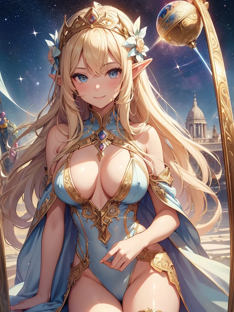 highest quality、Highest image quality、masterpiece、Super beautiful elf beauty from behind((22 years old OL big bust、bust 90,beautiful long ironed hair、blonde、globe、、slender、Close-up、Esbian、beautiful tiara、High quality、beautiful art、background((starry ski)))muste piece、visual art、Depth of bounds written、low angle of morning sky、、elf ears、、magic of light、space knight、harp melody🎵、A happy smile、gentle light、、Beautiful legs that are gentle on the skin、、、Number of fingers to achieve precise finger movements、ticker beautiful decorative、elegant、mystical rosa、 heaven、marble columns, beautiful dressy、magnificent marble dome、giant galaxy、religious painting、embrace the earth、temple of time、great watch、hourglass、sundial、moment of creation!myth、alphonse mucha art、art nouveau、ancient greece、Rome、byzantine art、gold foil、Raphael's paintings、renaissance art、Lord of the Ring、sexy、friendly smile、lingerie、underwear、 body stocking. nsfw