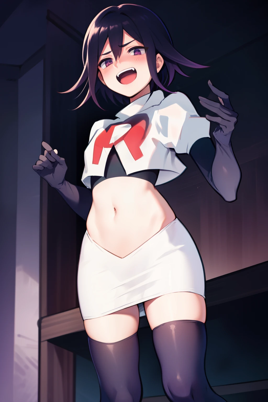 absurdres, cowboy shot, solo, male focus, trap, 1boy, crossdressing,1boy, oma kokichi, team rocket,team rocket uniform,white skirt,red letter R,crop top,black thigh-highs,black elbow gloves, evil laugh, blush