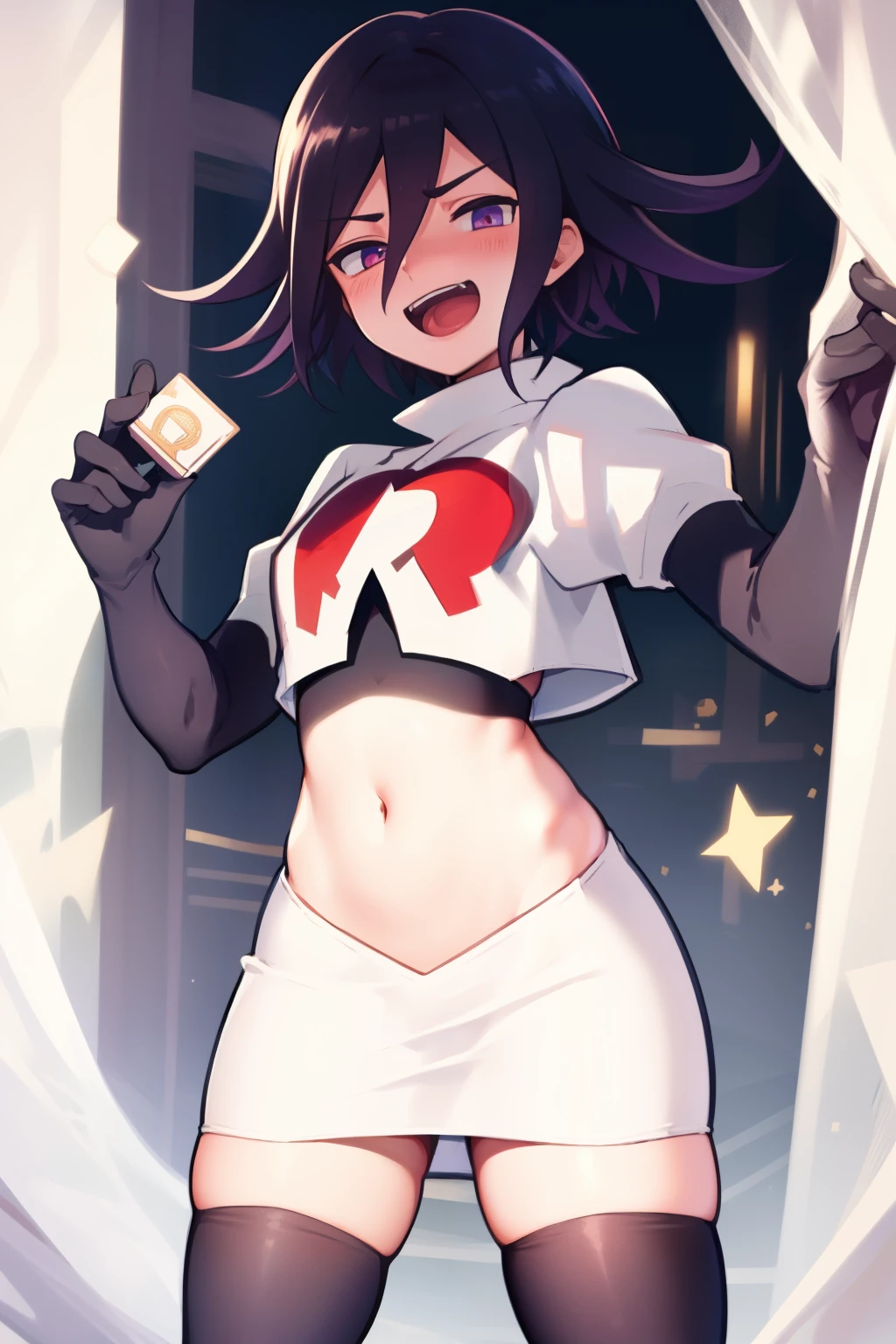 absurdres, cowboy shot, solo, male focus, trap, 1boy, crossdressing,1boy, oma kokichi, team rocket,team rocket uniform,white skirt,red letter R,crop top,black thigh-highs,black elbow gloves, evil laugh, blush