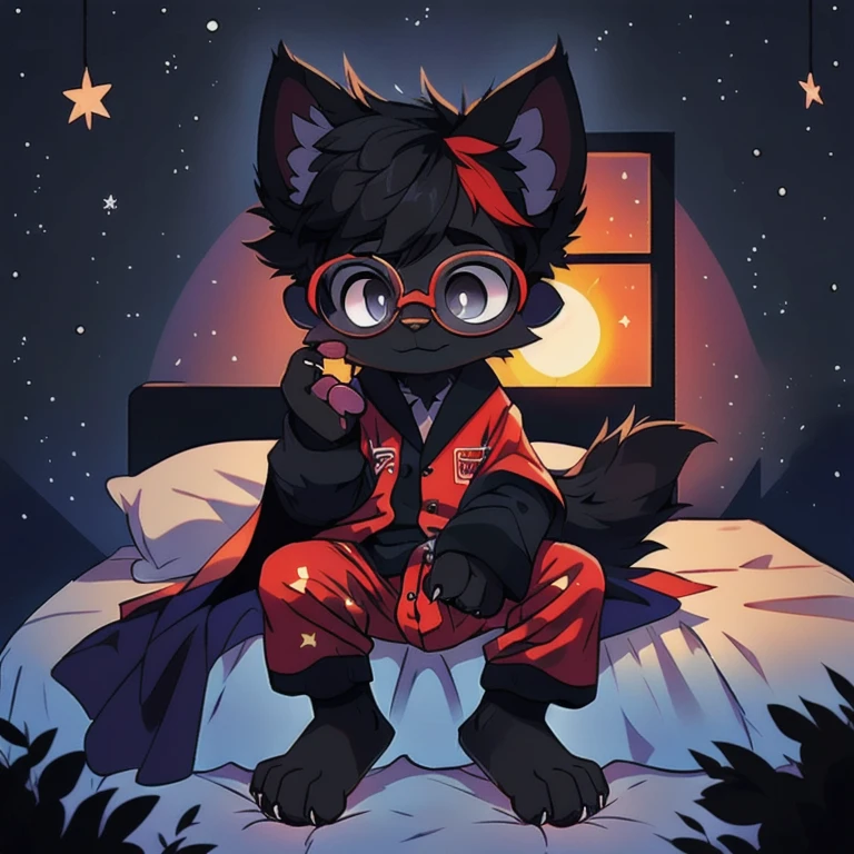 Character (fluffy black fur feline), fur, black, (completely black), (black fur), (black fur), (stars in his fur) (claws on each finger), (black crystal glasses and stars in his glasses with red frame), (dresses in black pajamas with stars) (huge dark cape in which you see space and many stars). (long ears), (starry and tousled black hair looking like galaxies), (sunset colored cape), (long tail and a big fur pompom). Inexpressive (), (Paws shaped like feet), (Sitting imposingly), (Child's bo(Shows his paws). bed, window, nigh, dark, darknes. stars. (black crystals), shadow, shadows, dark background, darkness, total darkness, (pawpads), cute, child, kis), (stars on his eyes), penis, dick, (open pajamas), (open legs). (shows a paw), (dark wall), (big bed), (lying down), stretching, ass, anus, (clean anus), ((pajama pants), (pants down), (pulls down his pants)), raised legs, raised paws, pawpads, wet, (dripping), (dripping penis), (dark fur), (all dark), (black fur), (black body), cum, (precum)
