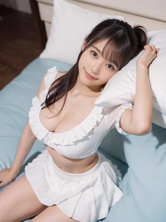 sleep on your back:1、1 girl(RAW、Photoreal)、(Super high realism)(Ultra high detail)、looking at the camera (17 year old girl、small face、extremely cute face, natural makeup)(extremely beautiful skin、fair skin、Smooth skin、realistic texture)(sparkling eyes)(((bright smile)))(length to butt、ponytail、long hair in ass mano、ponytail)(Beautiful round breasts、beautiful cleavage、thin waist、constriction、big ass)(A white ruffled shirt that makes the chest look bold、short sleeve、maid、maidエプロン、puffy sleeve)((Very short mini skirt with black frills)) 、interior of old western building、Bedroom、Bed、Bedで寝る、、Movie Writing、reflex board、face light、Erotic、captivating pose、Sensual and bold((((Putting your head on a pillow、Bedで寝る:1))))Very beautiful armpit(((((Full body shot from above:1)))))(((legs bent、A pose that shows your ankles)))