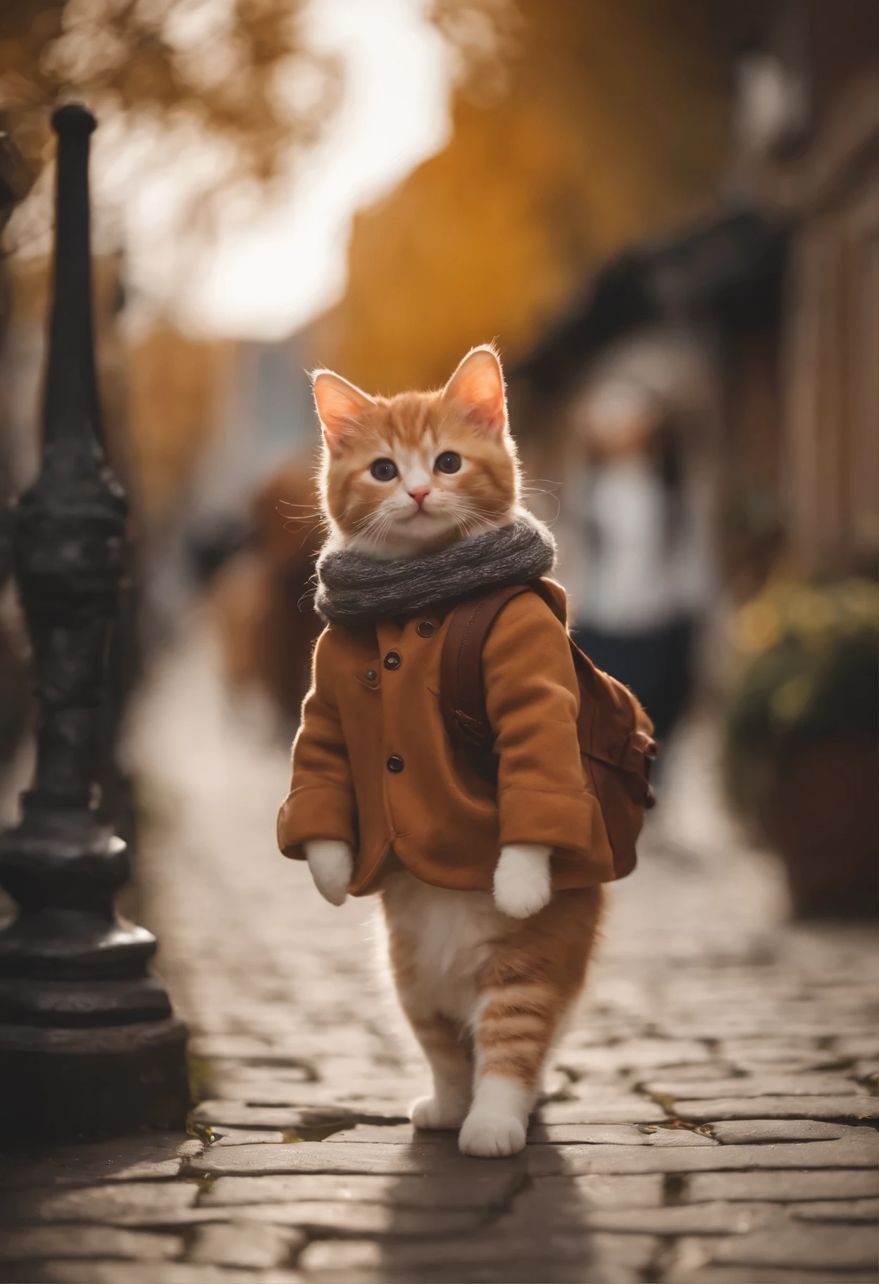 Autumn season、I have two kittens, a cute little cat, cute little cat, The loveliest, very cute, Cute and cute, And cute and adorable. they are walking down the street with their backpacks on, walking together, commute, proudly walking down the street, 而且猫正在走路. They are cute in the style of 🍂 and 🍁, Cute and cute, oh, Beautiful and cute. They are known as the real-life Tom and Jerry.Wear warm clothes、scarf、coat, Wide-Angle, Sony FE GM, highres, 16k, high details, high quality