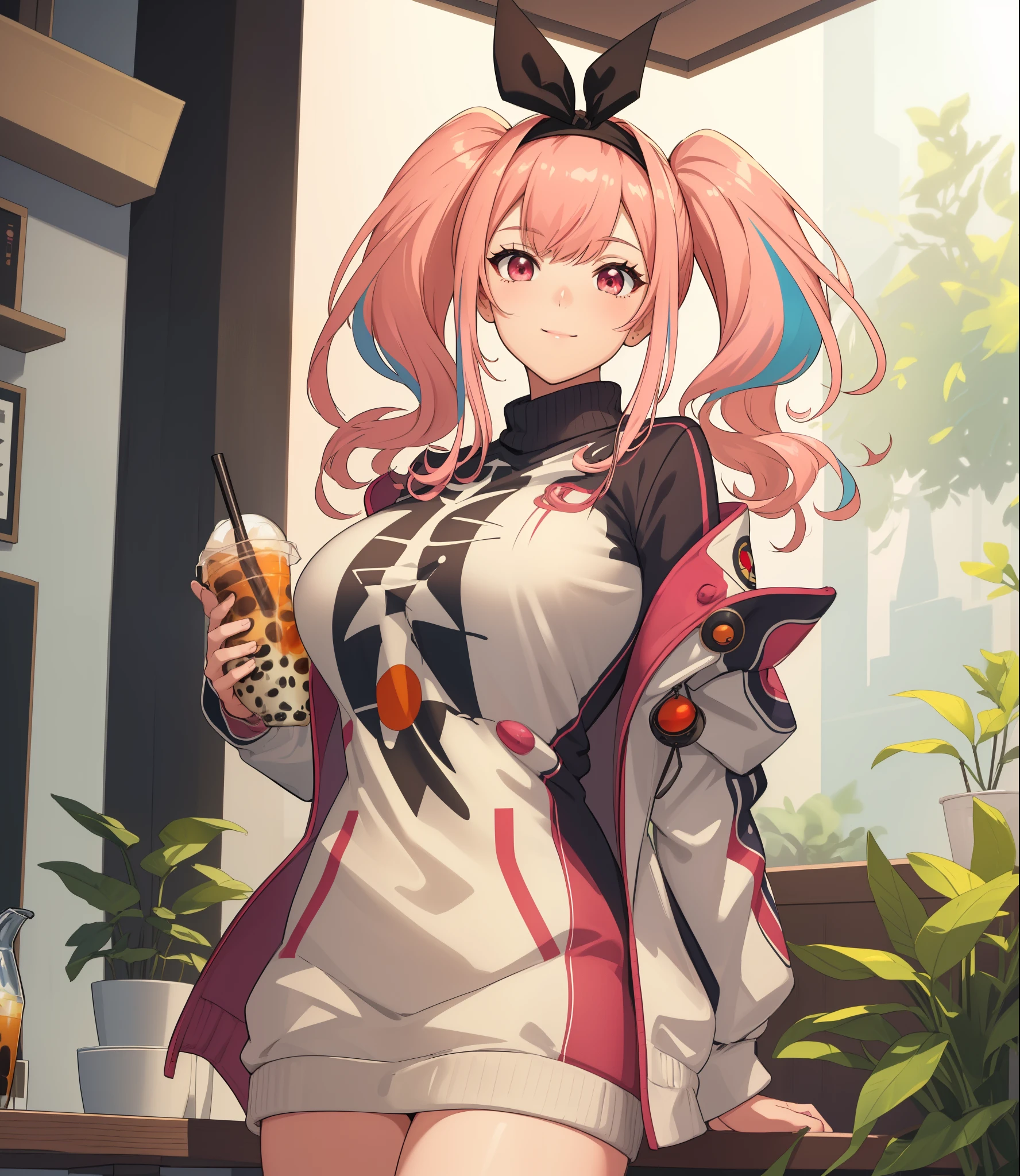 (extremely detailed CG unity 8k wallpaper), (((masterpiece))), (((best quality))), ((ultra-detailed)), (((illustration))), (best shadow), ((an extremely delicate and beautiful)), (detailed light), (well designed face), amazing face, (super detailed), cinematic shot, beautiful detailed eyes, detailed background, 1girl, ((pink hair)), multicolored hair, ((red eyes)), ((short twintails)), (headband), huge breasts, firts rate breasts, first rate female bodies, (sweater), white jacket, open jacket, upper body, inside a cafe, interior design, bewitching thighs, smile, cowboy shot, ((drinking a Boba drink)),