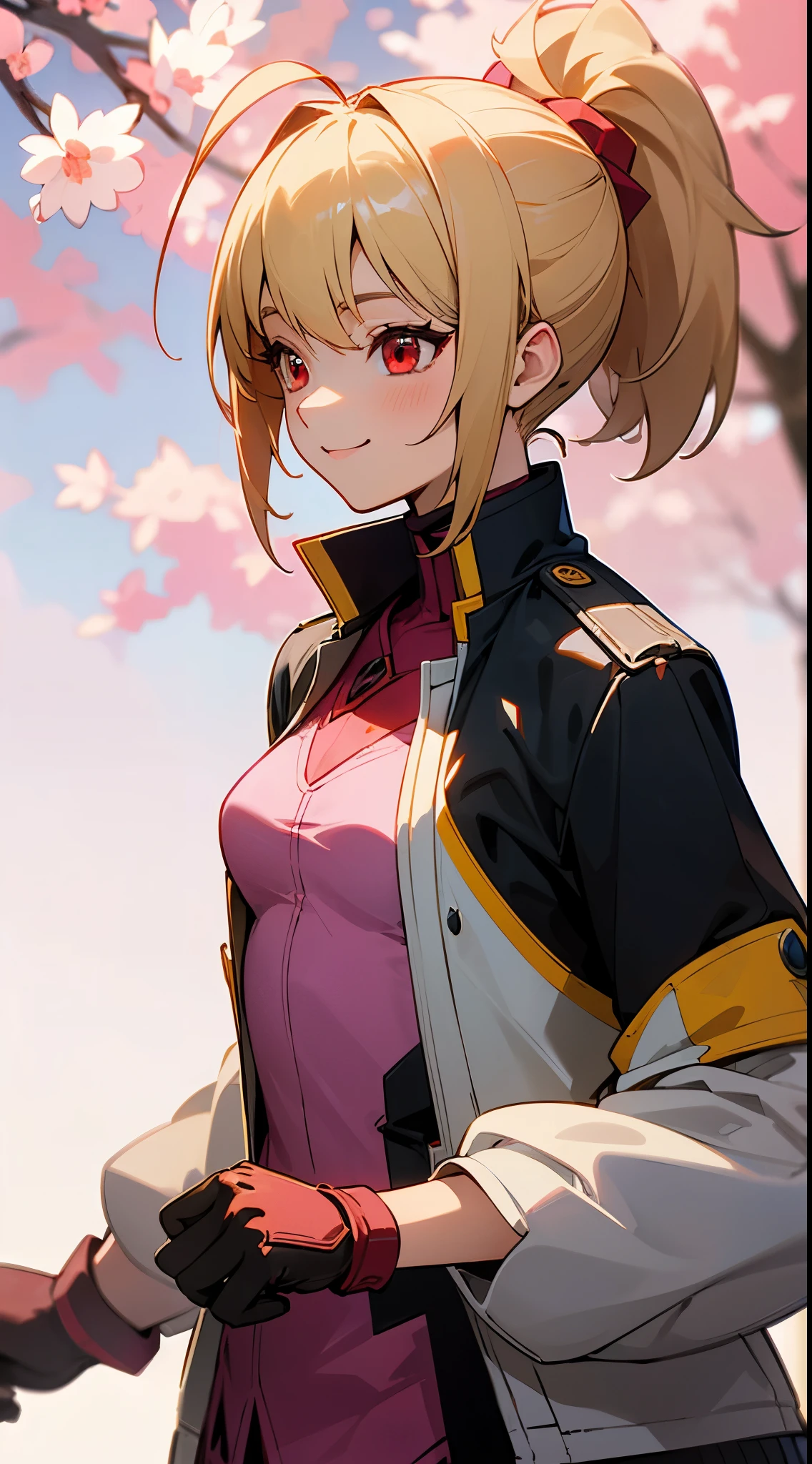 
(highest quality、Super detailed、reality)、Energetic girl、high school girl、small breasts、riders jacket、blonde、red eyes、ponytail、Ahoge、From the side、gloves、bright smile、stand in front of a street tree、Upper body close-up、Sakura Park、sharp outline