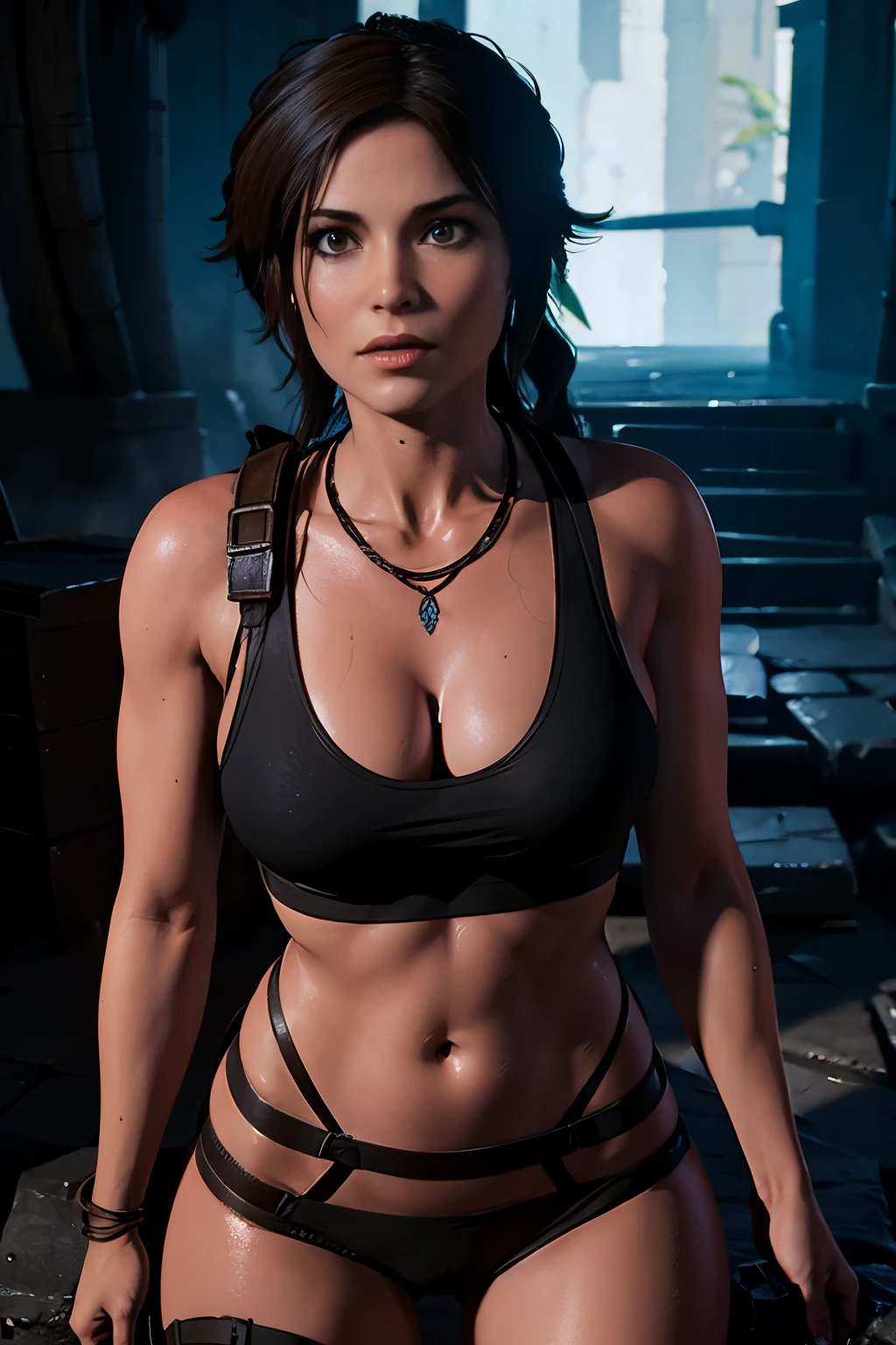 Nsfw, Lara Croft, rise of The tomb raider, (master part, 4k resolution, ultra-realistic, altamente detalhado), (Charismatic, ****** no topo da cidade), corpo inteiro, noite, dynamic lights, curvas perfeitas, buttpussy 