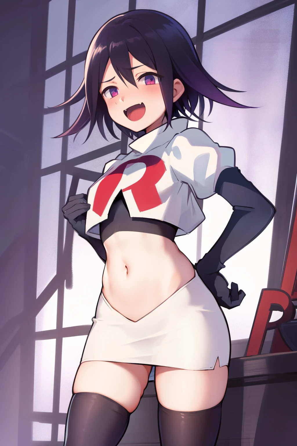 absurdres, cowboy shot, solo, male focus, trap, 1boy, crossdressing,1boy, oma kokichi, team rocket,team rocket uniform,white skirt,red letter R,crop top,black thigh-highs,black elbow gloves, evil laugh, blush