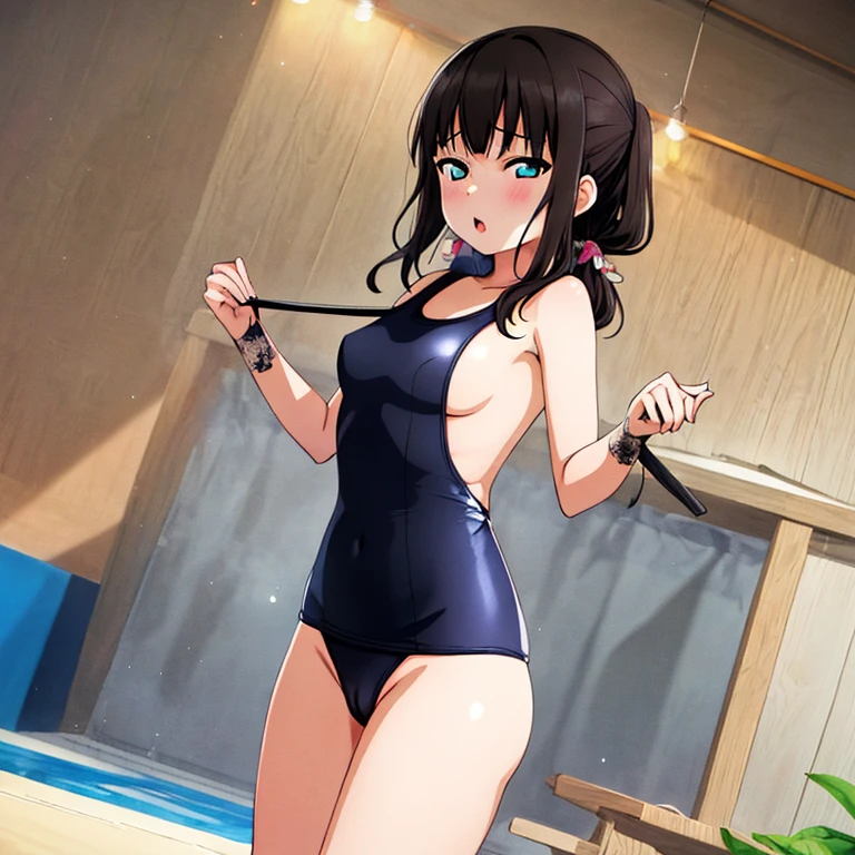 best quality, very aesthetic, Super detailed, best illustration, 1girl, おっぱい, black_hair, one-piece swimsuit, nsfｗ, pussy focus, aroused