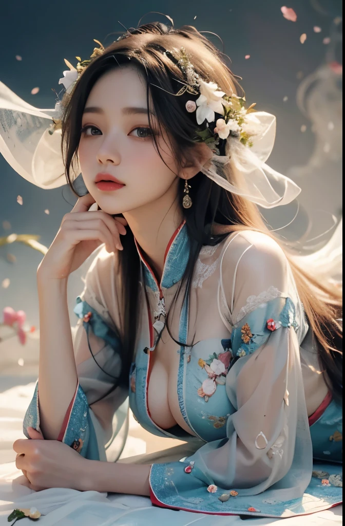 strokes of flowers, 1 girl, (whole body) alone, hanfu, flower field, flowering, (White smoke:1.3) (lifelike:1.4), ztwist, mandala, twist, official art, unified 8k wallpaper, super detailed, Beautiful and beautiful, masterpiece,best quality, (dynamic angle:1.4), glowing skin, (Colorful sparks floating:1) Chaos in its most beautiful form, elegant, brutalist design, bright colors, depth of field,