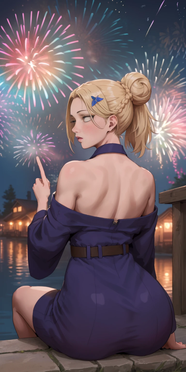 (((masterpiece))), (1girl:1.5), hyper detailed, highres, ((best quality)), (extremely delicate and beautiful), {8k cg wallpaper}, illustration, (blush), (braided ponytail | ponytail | hairbun), (extremely detailed background:1.6), (very long black hair|blonde hair), detailed face, night, festival, outdoors, lantern, (fireworks:1.4), paper lantern, snow, wind, snowflakes, hair ornament, closed eyes, (from behind:1.3), sitting, river, riverbank, starry sky, (holding hands:0.6), leaning on person, showing pink thong, nice ass
