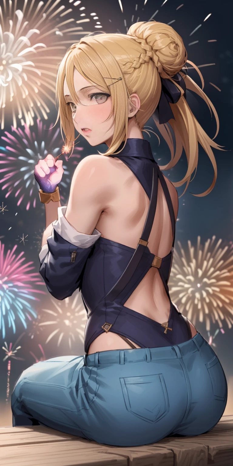 (((masterpiece))), (1girl:1.5), hyper detailed, highres, ((best quality)), (extremely delicate and beautiful), {8k cg wallpaper}, illustration, (blush), (braided ponytail | ponytail | hairbun), (extremely detailed background:1.6), (very long black hair|blonde hair), detailed face, night, festival, (kimono:0.7), outdoors, lantern, (fireworks:1.4), paper lantern, snow, wind, snowflakes, hair ornament, open eyes (blind really white eyes), (from behind:1.3), sitting, river, riverbank, starry sky, (holding hands:0.6), leaning on person, pointing, on heaven
