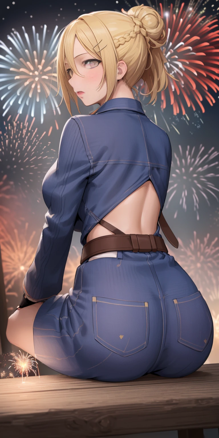 (((masterpiece))), (1girl:1.5), hyper detailed, highres, ((best quality)), (extremely delicate and beautiful), {8k cg wallpaper}, illustration, (blush), (braided ponytail | ponytail | hairbun), (extremely detailed background:1.6), (very long black hair|blonde hair), detailed face, night, festival, (kimono:0.7), outdoors, lantern, (fireworks:1.4), paper lantern, snow, wind, snowflakes, hair ornament, open eyes (blind really white eyes), (from behind:1.3), sitting, river, riverbank, starry sky, (holding hands:0.6), leaning on person, pointing, on heaven
